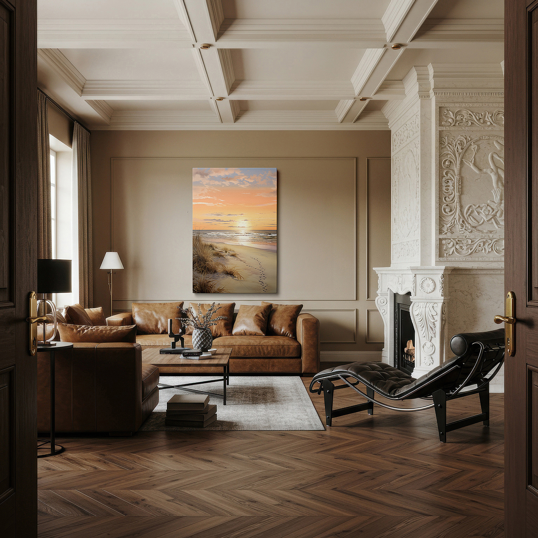 The 75×50 cm version anchors medium rooms without dominating them — serene beach at sunset wall art: a tranquil haven for reflection and calm - large canvas wall art for office and bedroom decor