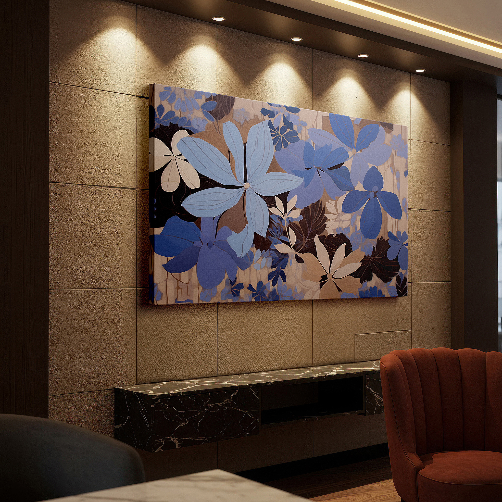 The 75×50 cm version anchors medium rooms without dominating them — serene blue floral elegance featuring tranquil hydrangeas and soft foliage: large canvas wall art for office and bedroom decor
