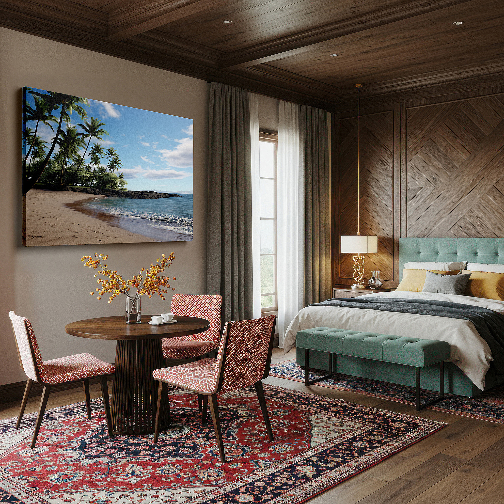 The 75×50 cm version anchors medium rooms without dominating them — serene coastal beach scene with palm trees and reflective ocean waters - large canvas wall art for office and bedroom decor