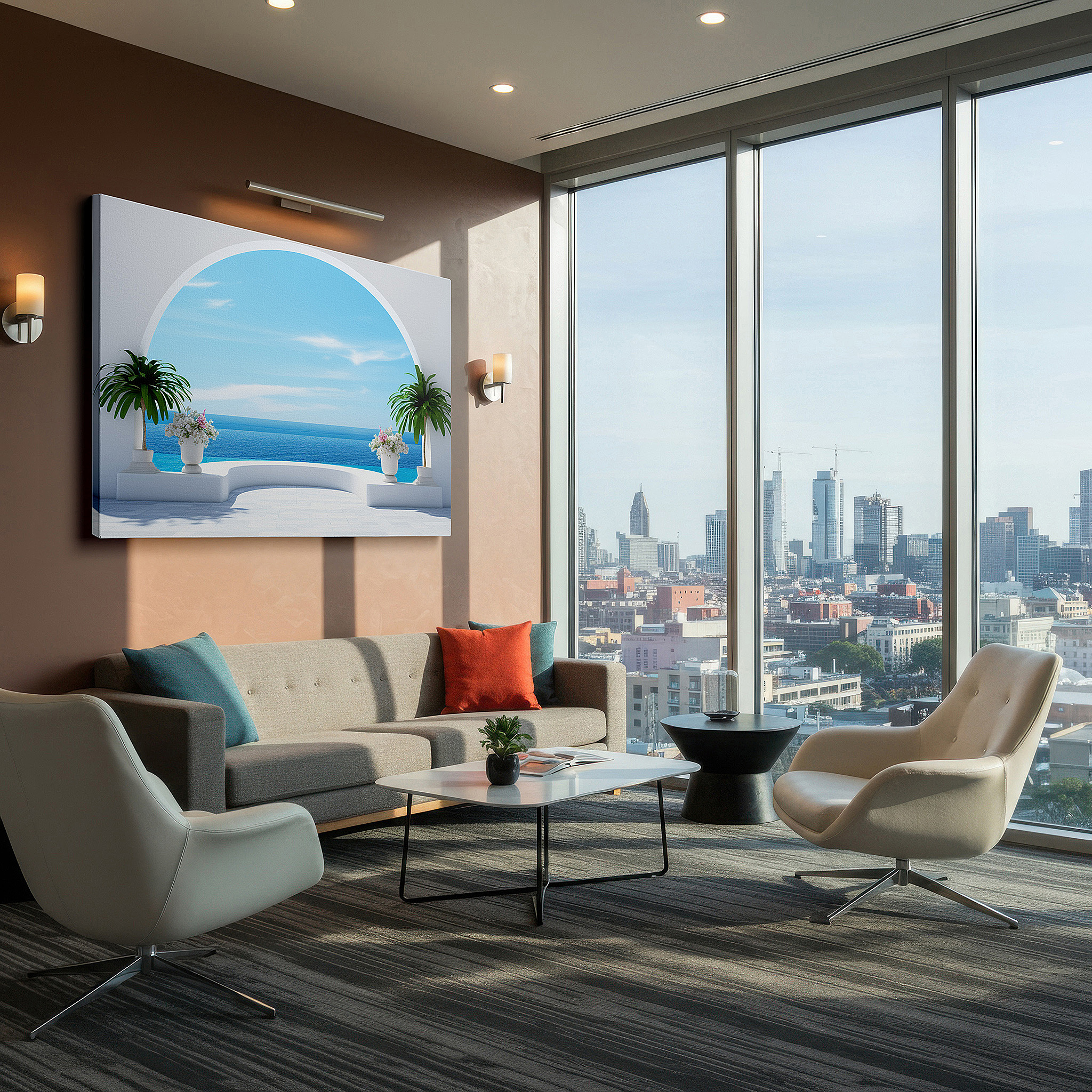 The 75×50 cm version anchors medium rooms without dominating them — serene coastal scene through a minimalist archway, tranquil escape large wall art, canvas wall decor for office and bedroom