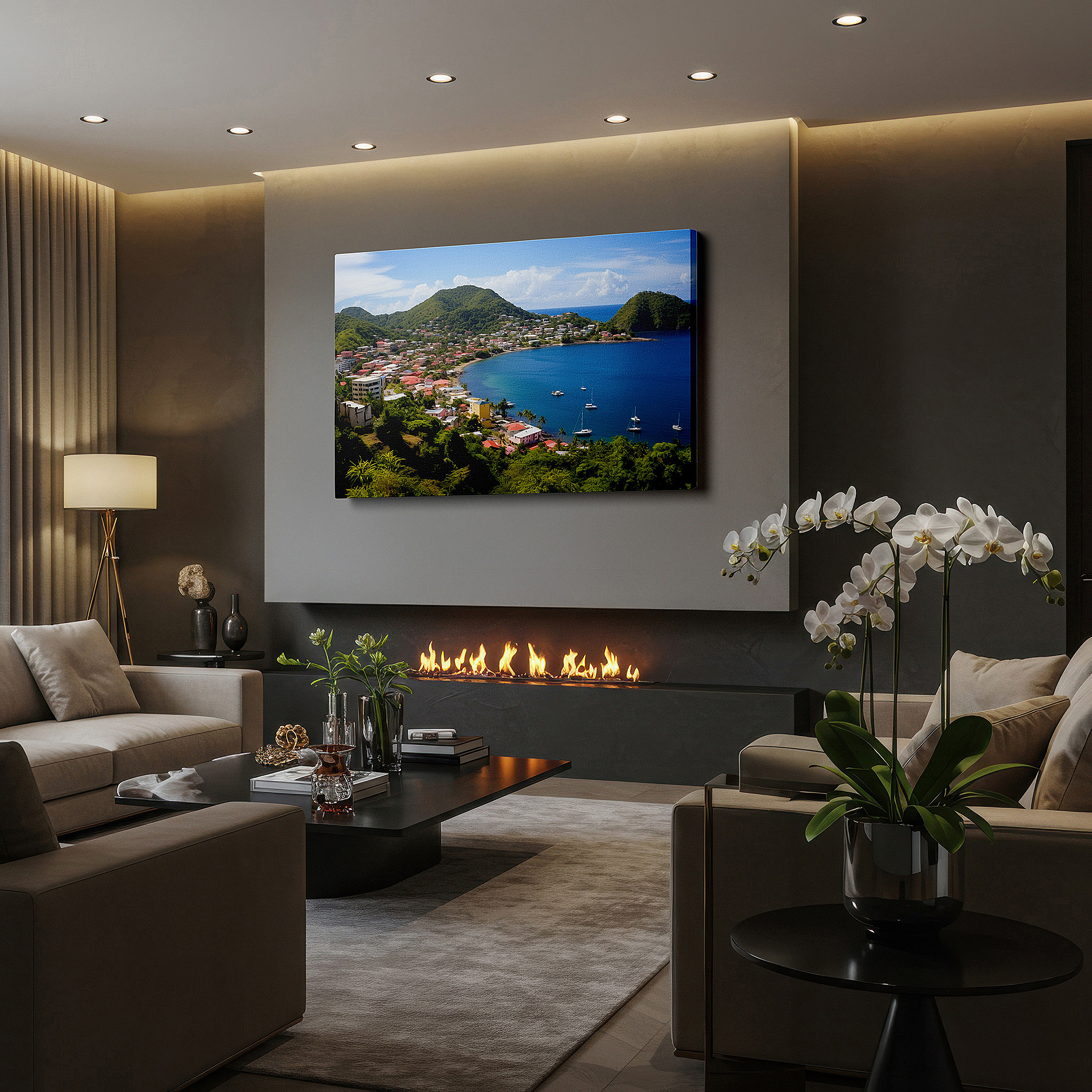 The 75×50 cm version anchors medium rooms without dominating them — serene coastal village with lush green hills and shimmering blue bay large wall art, canvas wall art, wall decor for office and bedroom