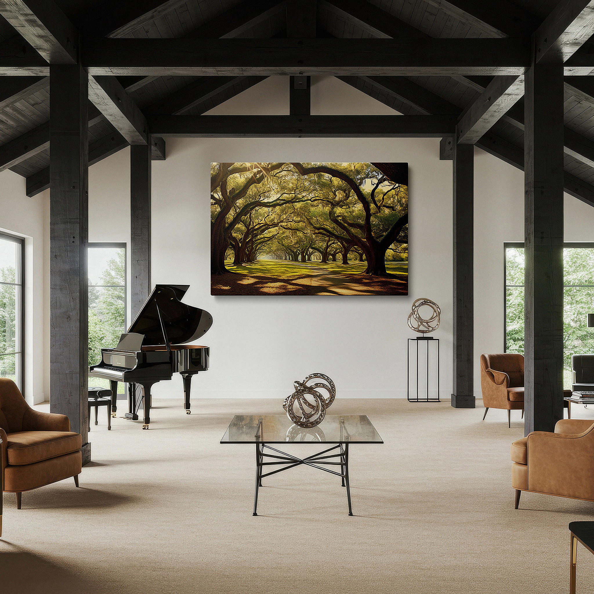 The 75×50 cm version anchors medium rooms without dominating them — serene forest path under majestic oak canopy: a tranquil realm of light and shadow - large canvas wall art for home and office decor