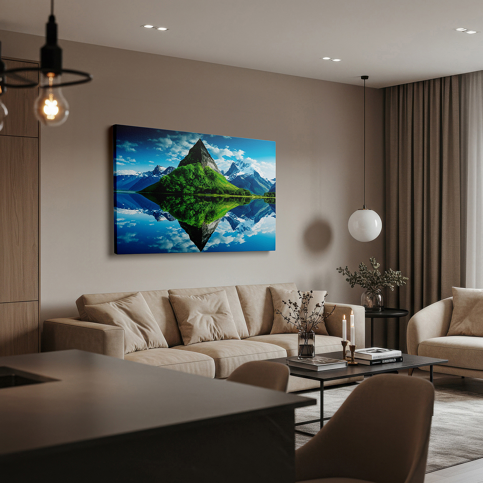 The 75×50 cm version anchors medium rooms without dominating them — serene lake and mountain reflections large wall art - canvas decor for office and bedroom