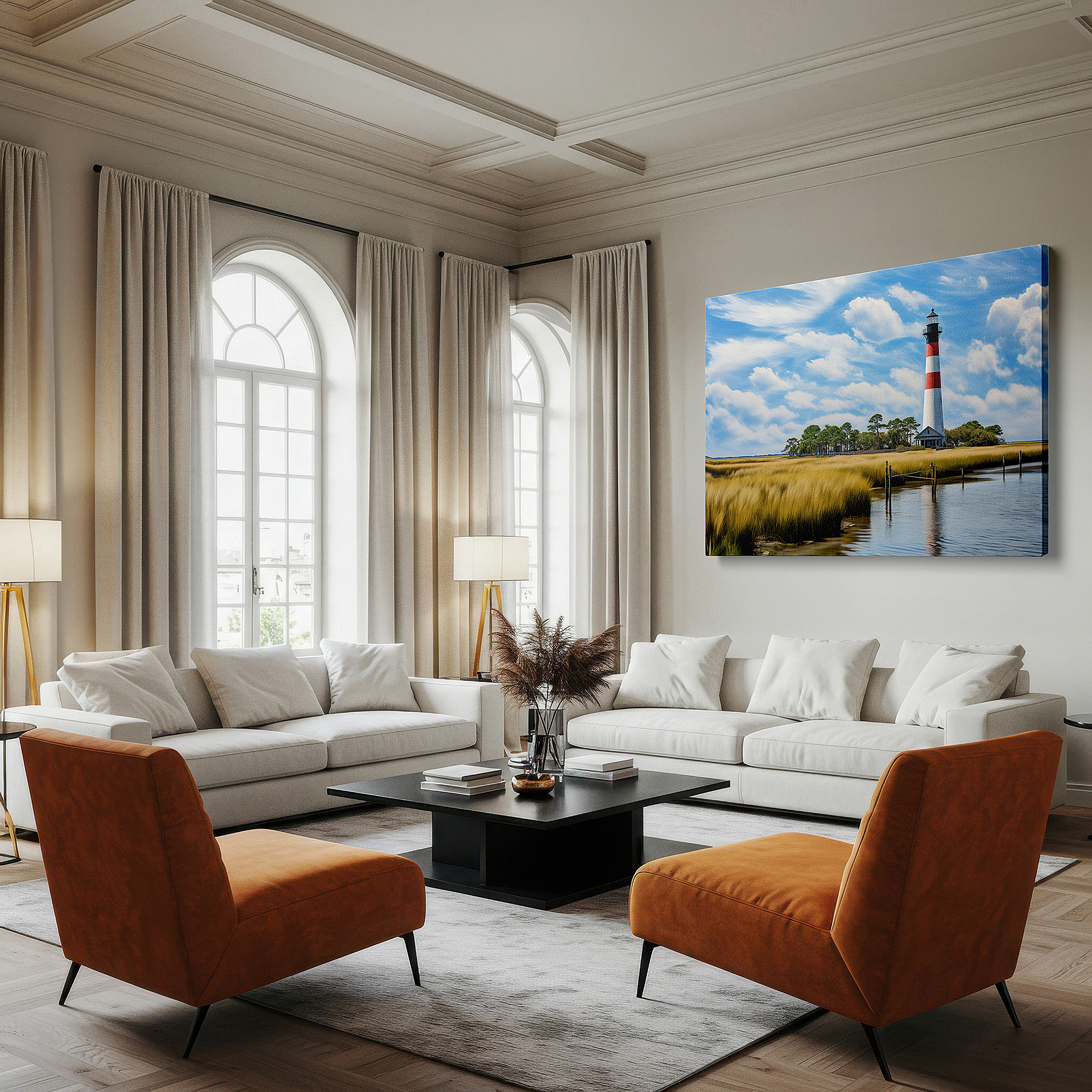 The 75×50 cm version anchors medium rooms without dominating them — serene lighthouse in lush settings: a symbol of peace and hope - large canvas wall art
