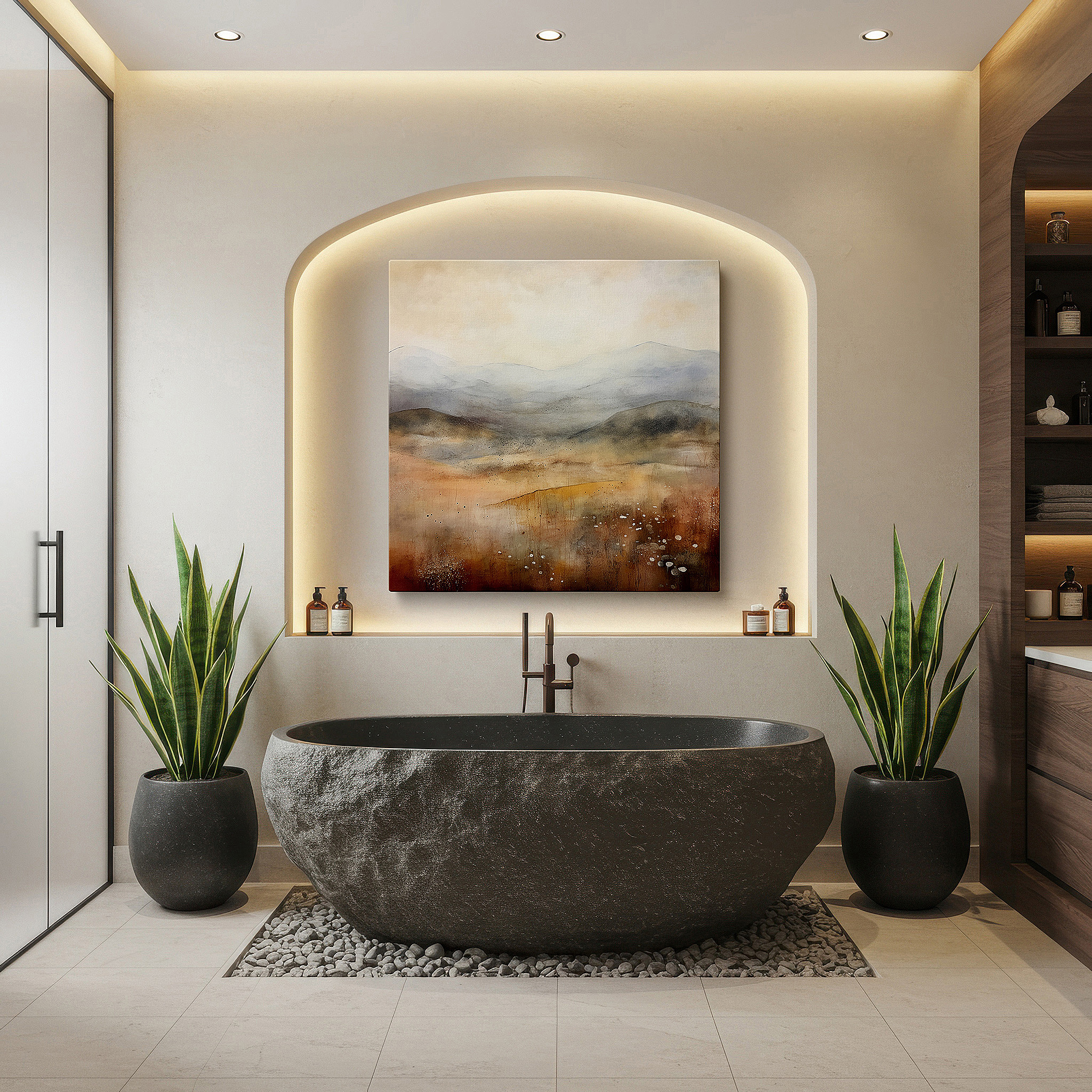 The 75×50 cm version anchors medium rooms without dominating them — serene minimalistic landscape in earthy tones: large wall art for tranquil interiors, perfect for office and bedroom decor
