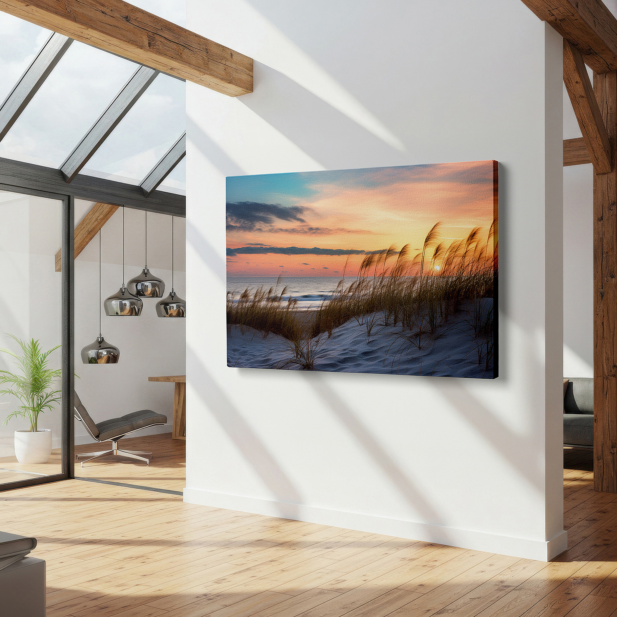 The 75×50 cm version anchors medium rooms without dominating them — serene ocean dune landscape with twilight sky and swaying grass: large canvas wall art for office, bedroom, and living room decor