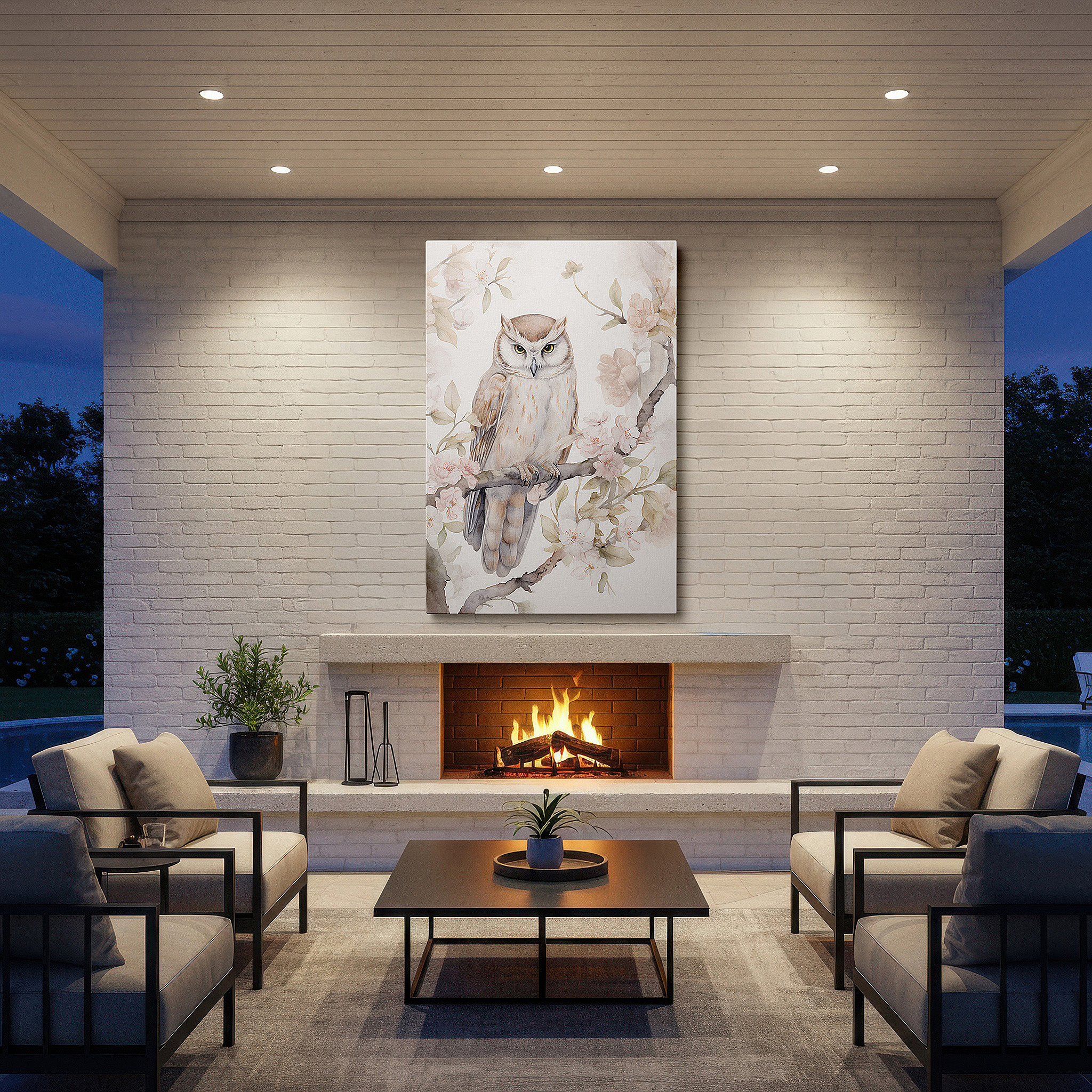 The 75×50 cm version anchors medium rooms without dominating them — serene owl and cherry blossoms: embracing the transience of beauty - large canvas wall art for office and bedroom decor