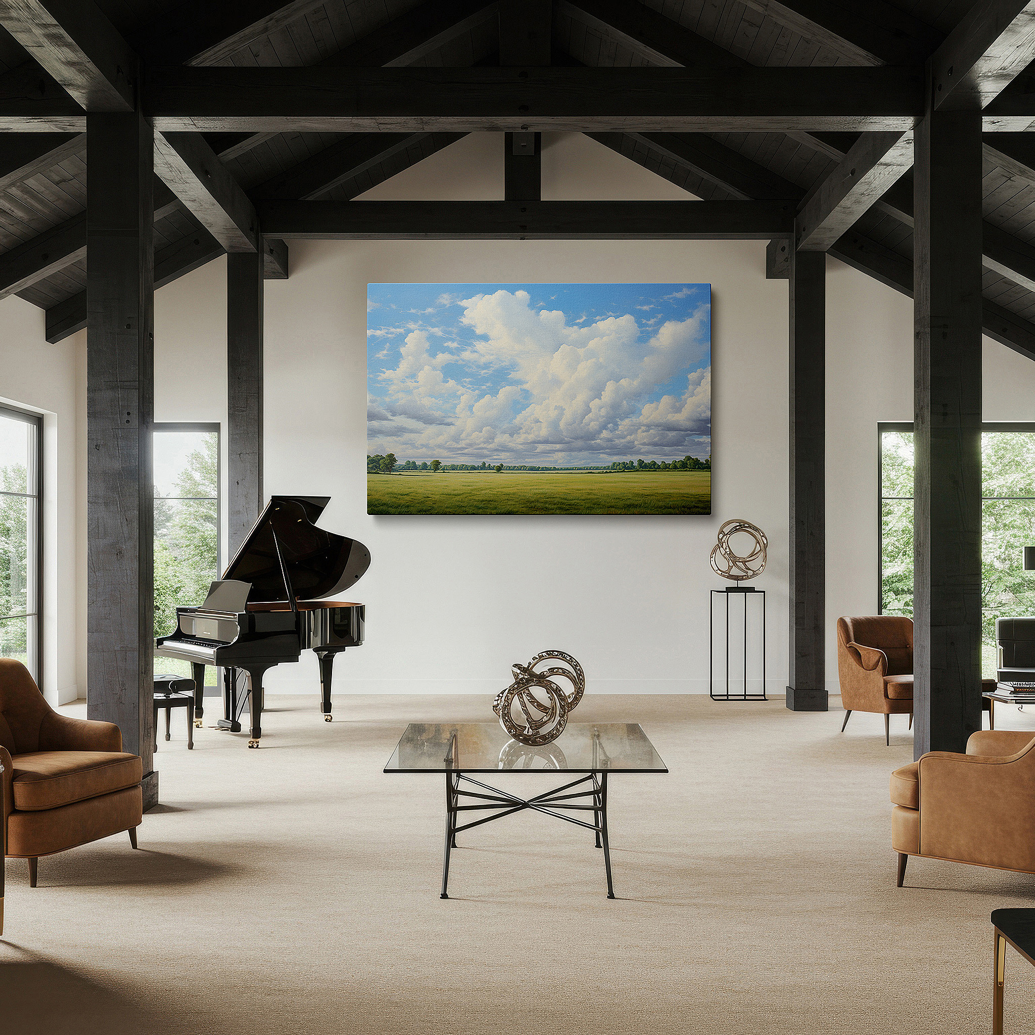 The 75×50 cm version anchors medium rooms without dominating them — serene riverbank reflections: tranquil nature escape large wall art for office, bedroom, and living room decor