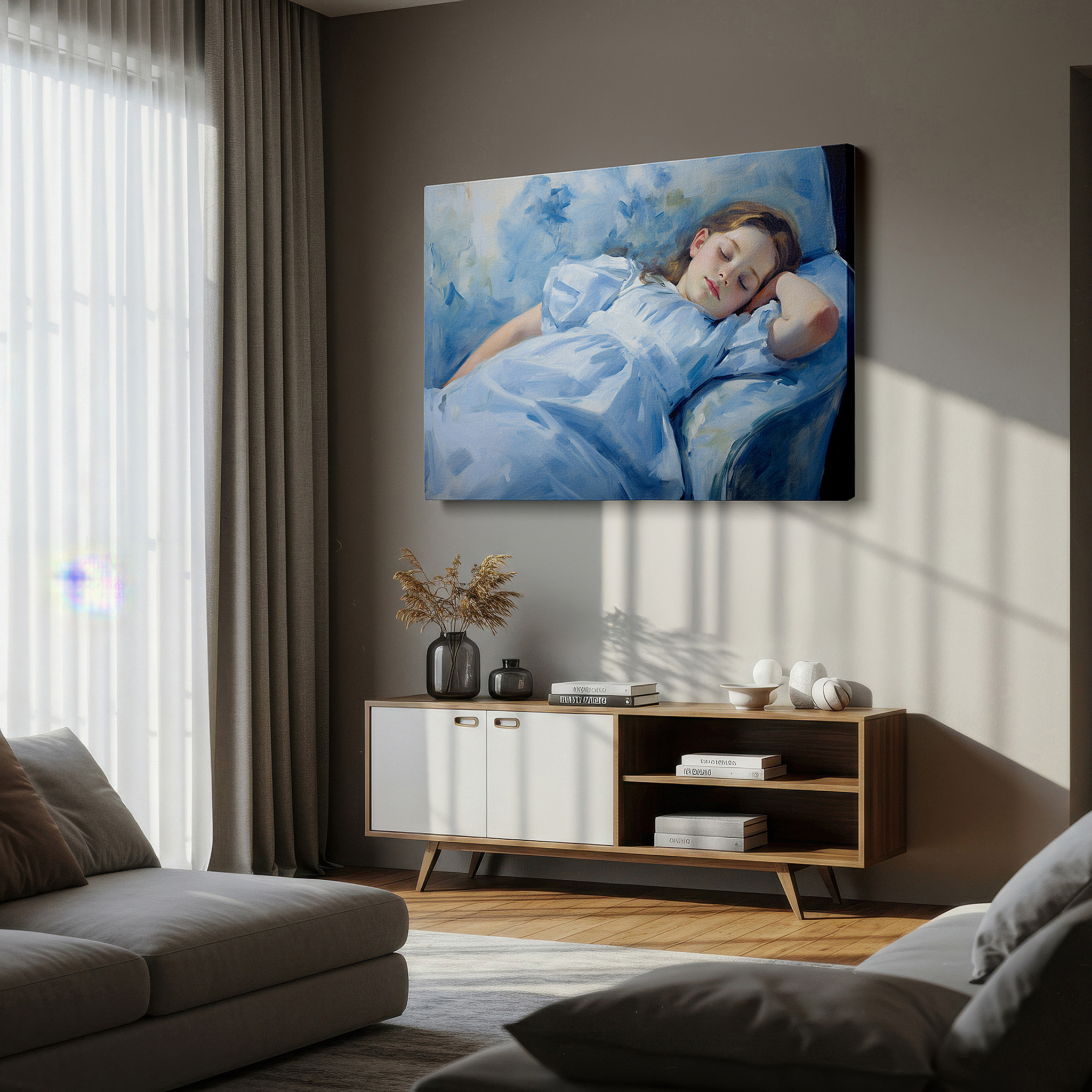 The 75×50 cm version anchors medium rooms without dominating them — serene sleep of a young girl in soft blue hues, oversized canvas wall art for home and office decor, suitable for bedrooms and living rooms