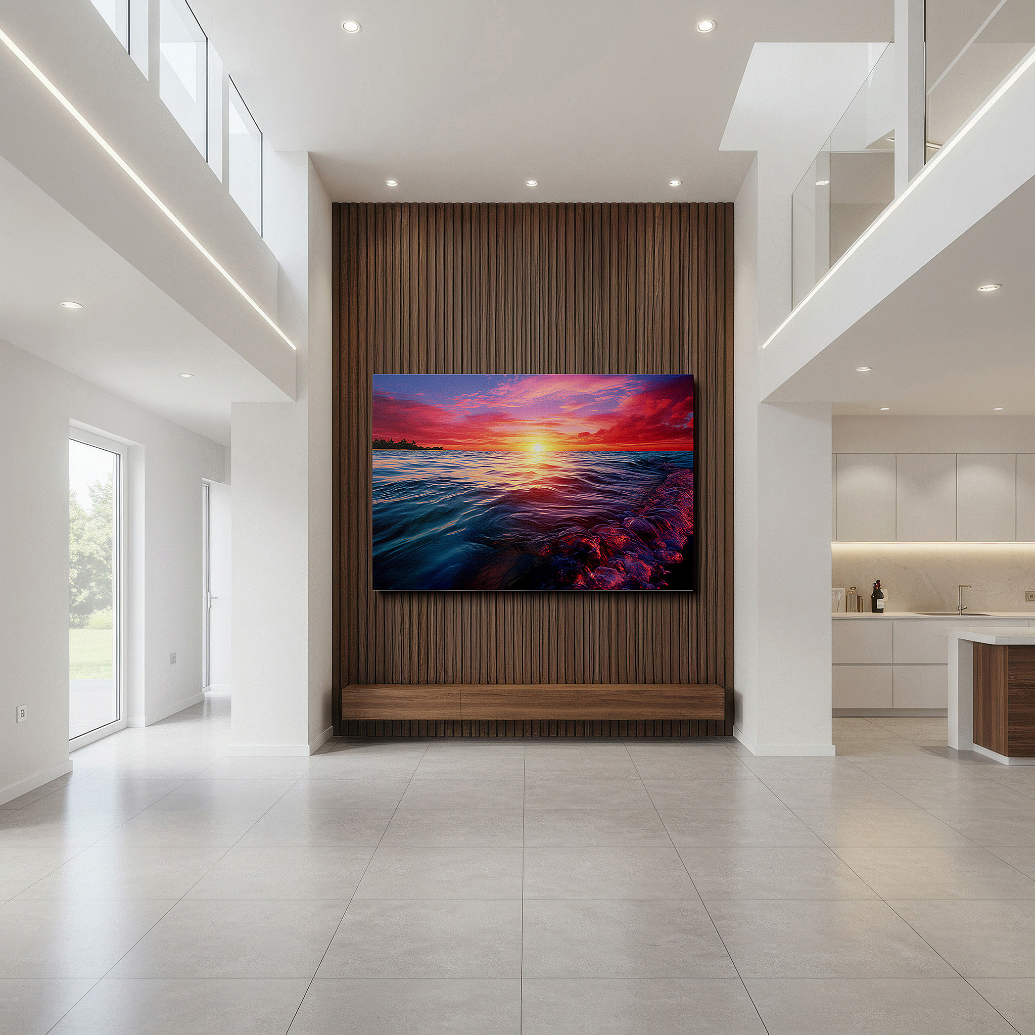 The 75×50 cm version anchors medium rooms without dominating them — serene sunset over tranquil seascape: a symphony of fiery oranges and calming blues - large canvas wall art for office decor