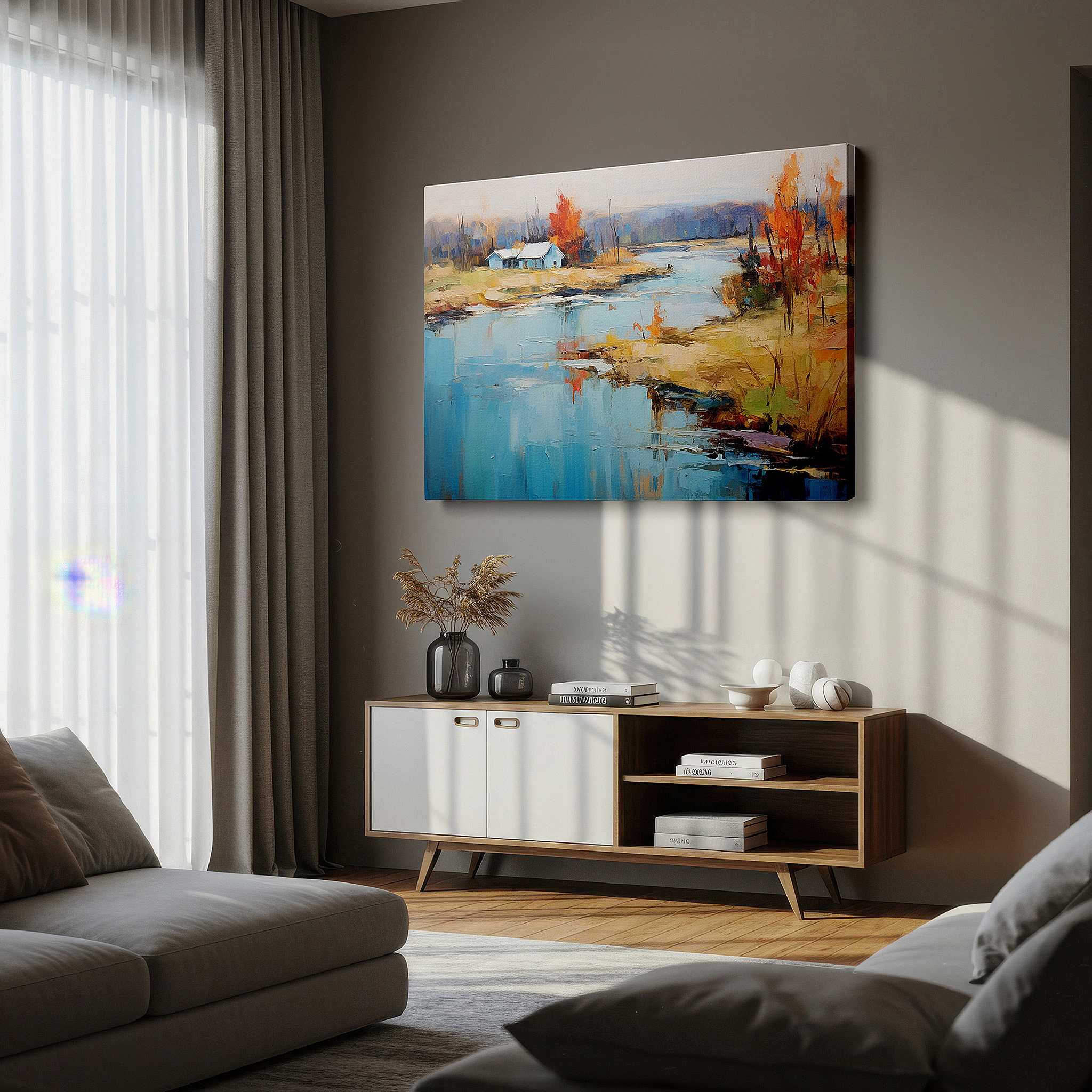 The 75×50 cm version anchors medium rooms without dominating them — serene village scene with tranquil river and fiery autumn trees large canvas wall art for home and office decor