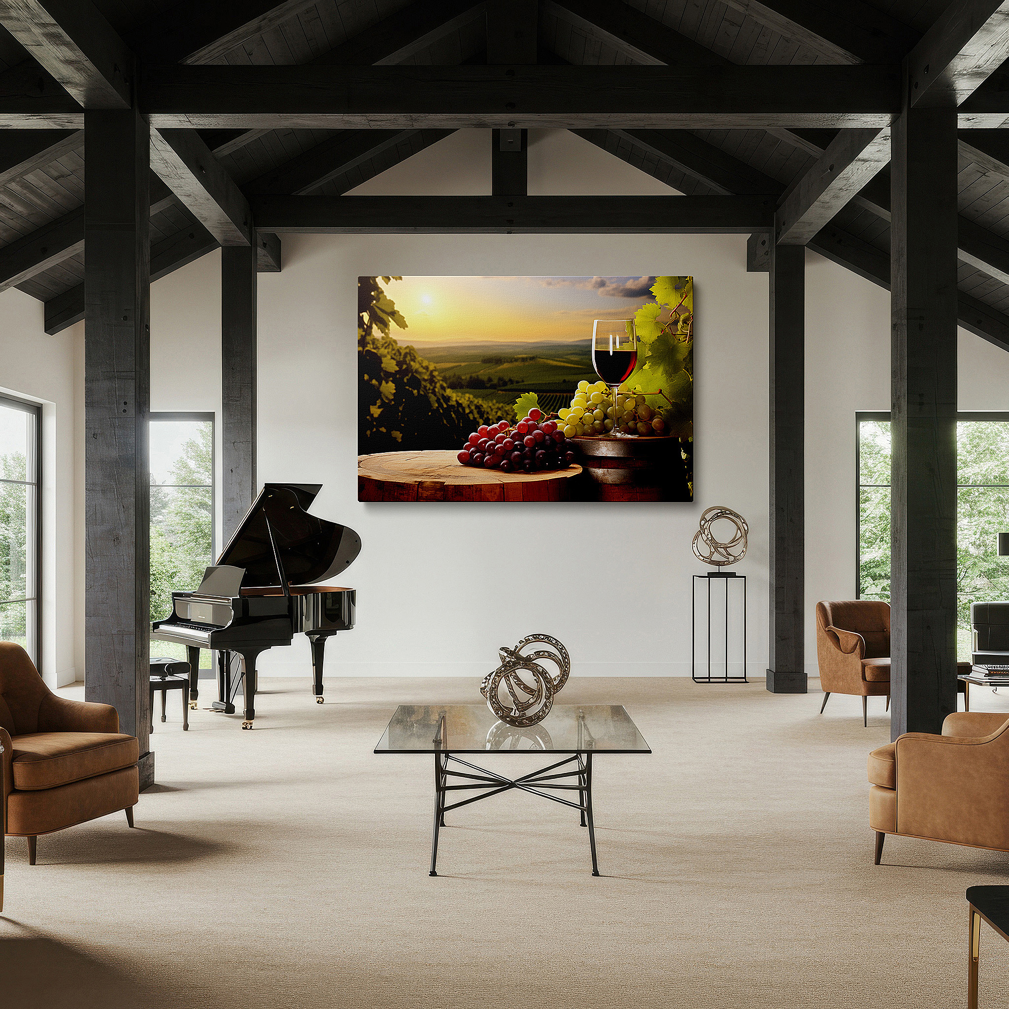 The 75×50 cm version anchors medium rooms without dominating them — serene vineyard evening featuring red wine and fresh grapes beneath a golden sunset - large canvas wall art for home and office decor