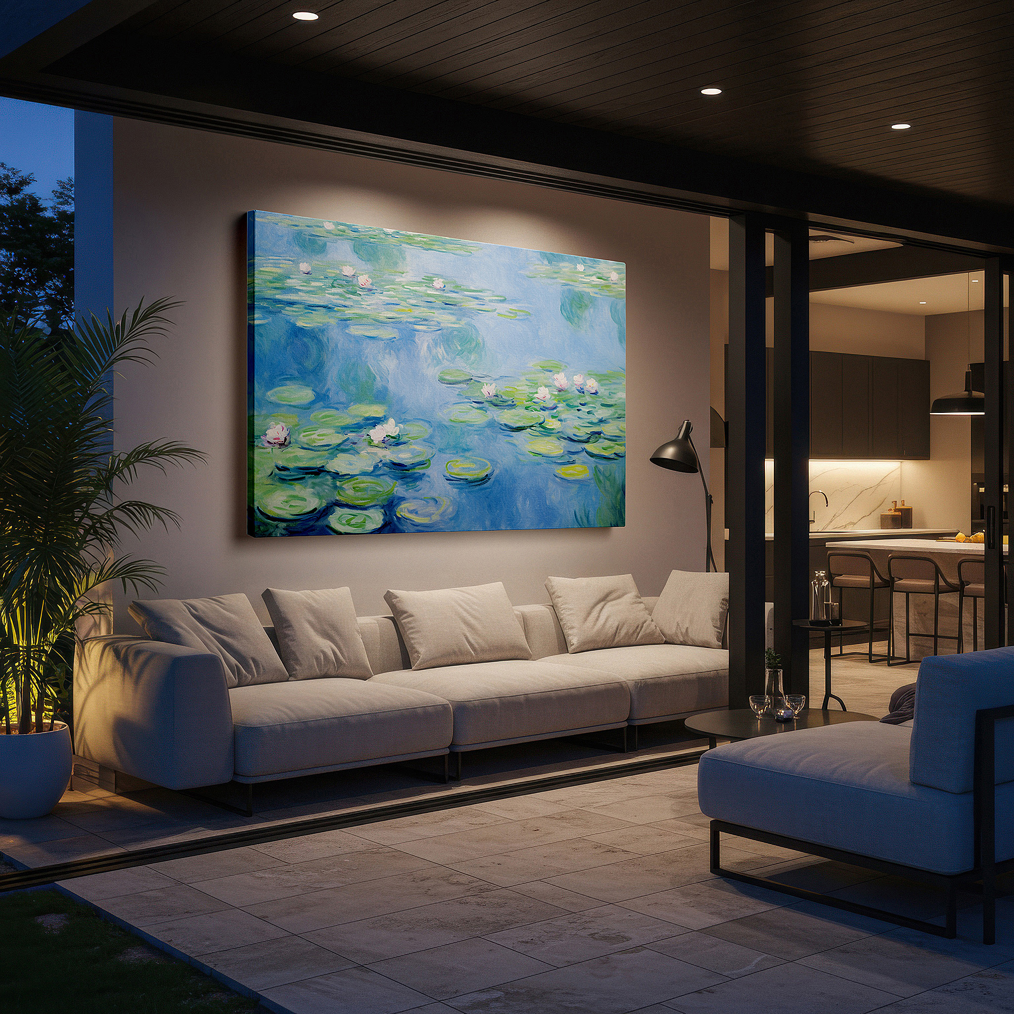 The 75×50 cm version anchors medium rooms without dominating them — serene water lilies on a tranquil pond - a masterful impressionist tribute: large canvas wall art for office and bedroom decor