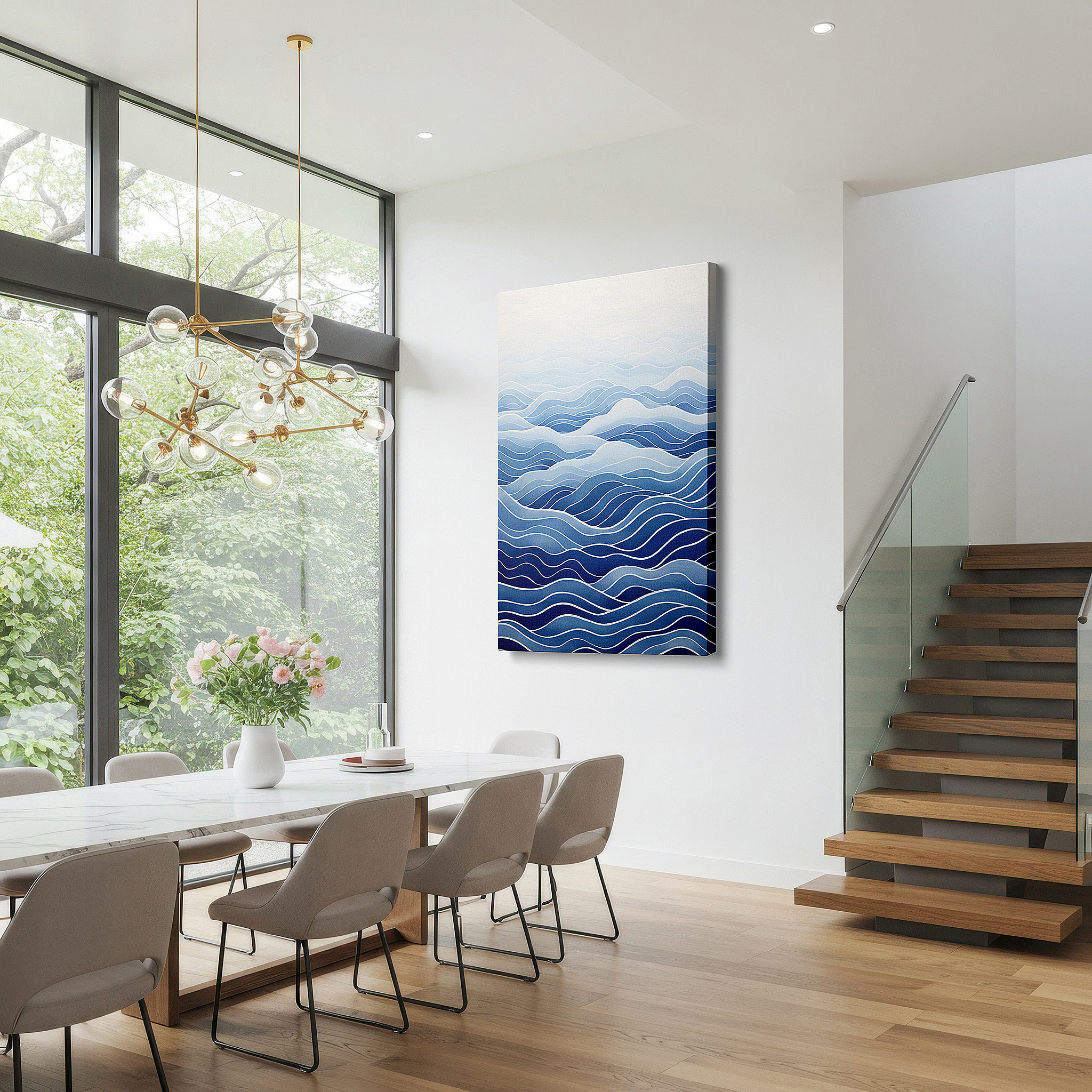 The 75×50 cm version anchors medium rooms without dominating them — soft blue gradients of serene ocean waves, tranquil visuals for calming spaces - large wall art, canvas wall art, wall decor for offices