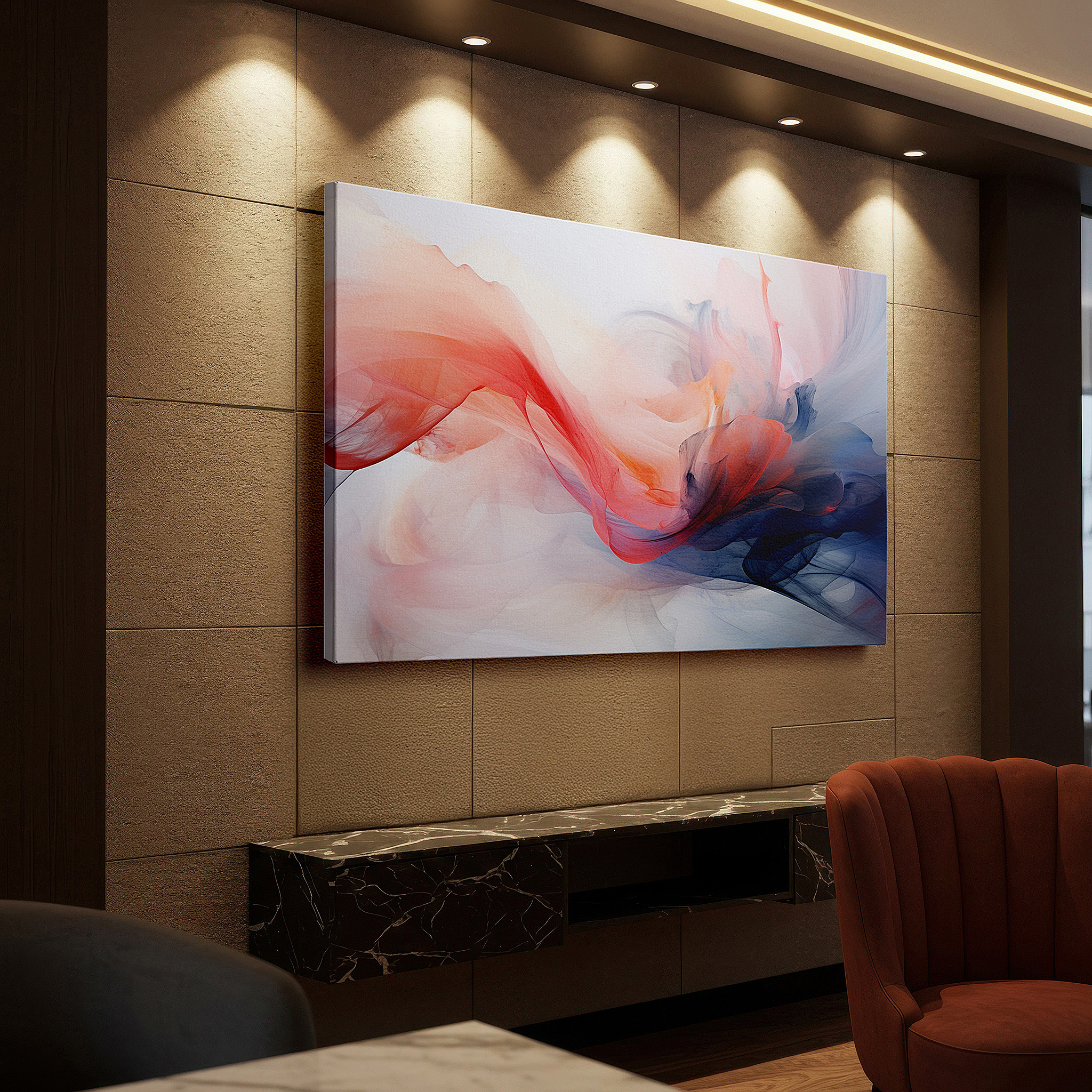 The 75×50 cm version anchors medium rooms without dominating them — soft-hued abstract harmony: large canvas wall art for office, bedroom, and living room decor