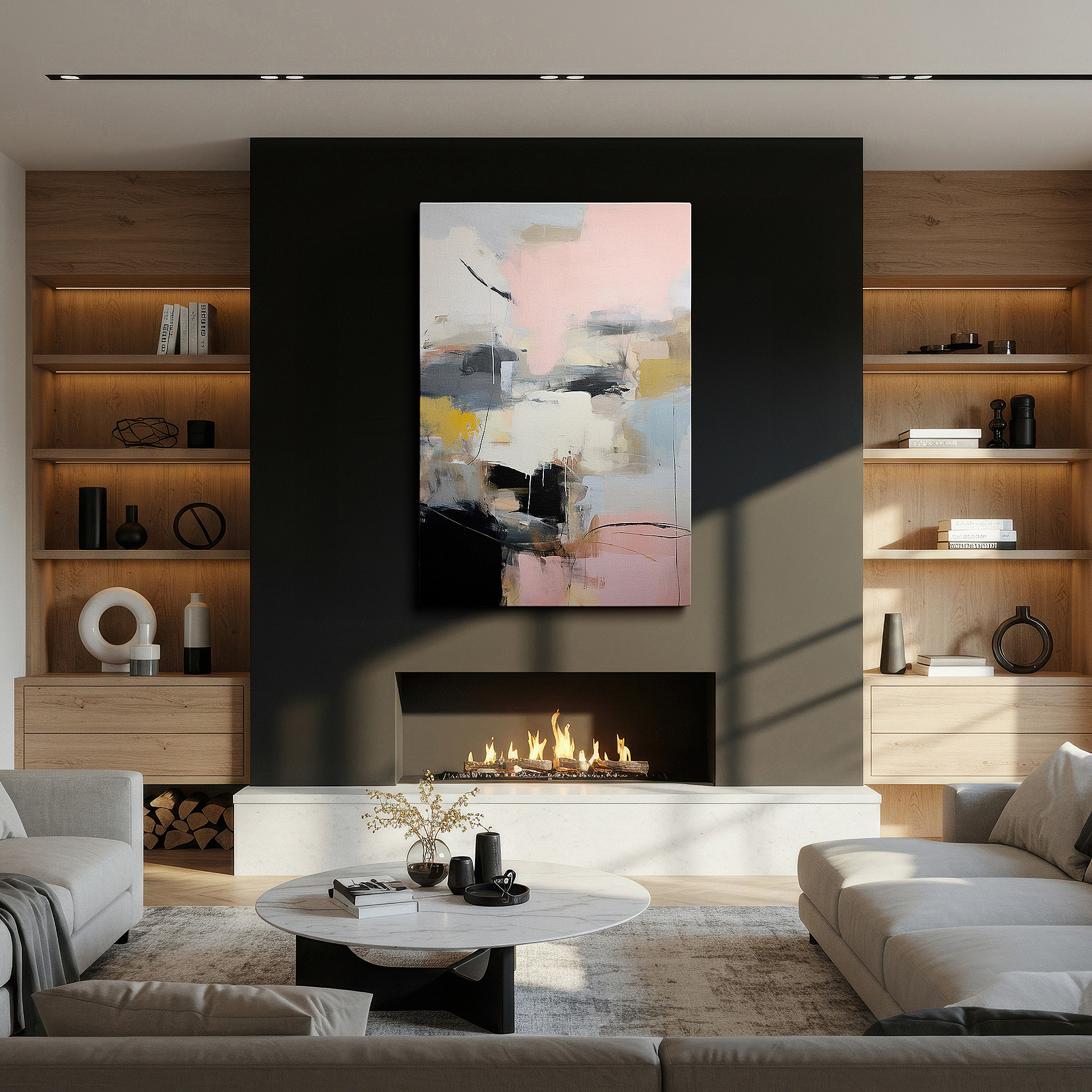 The 75×50 cm version anchors medium rooms without dominating them — soft pink, deep black, and pristine white symphony: harmonious abstract expression large wall art, canvas wall art, wall decor for office
