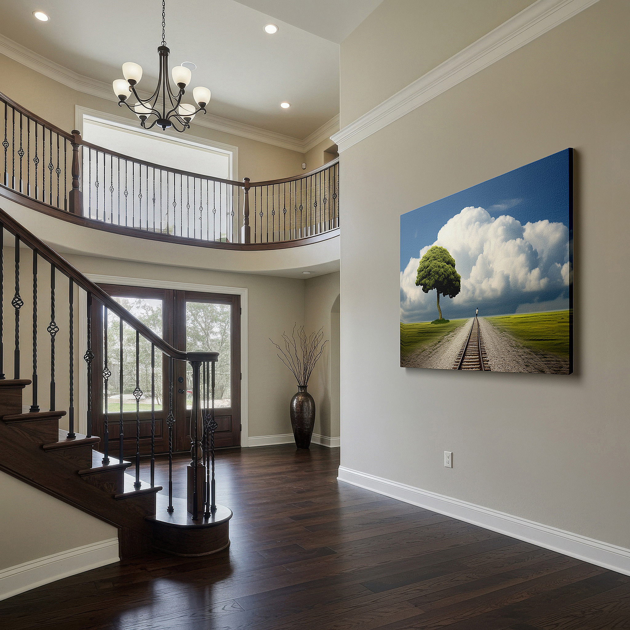 The 75×50 cm version anchors medium rooms without dominating them — solitary tree and train tracks wall art: a symbol of resilience and reflection - large canvas for home and office decor, ideal for living room and bedroom
