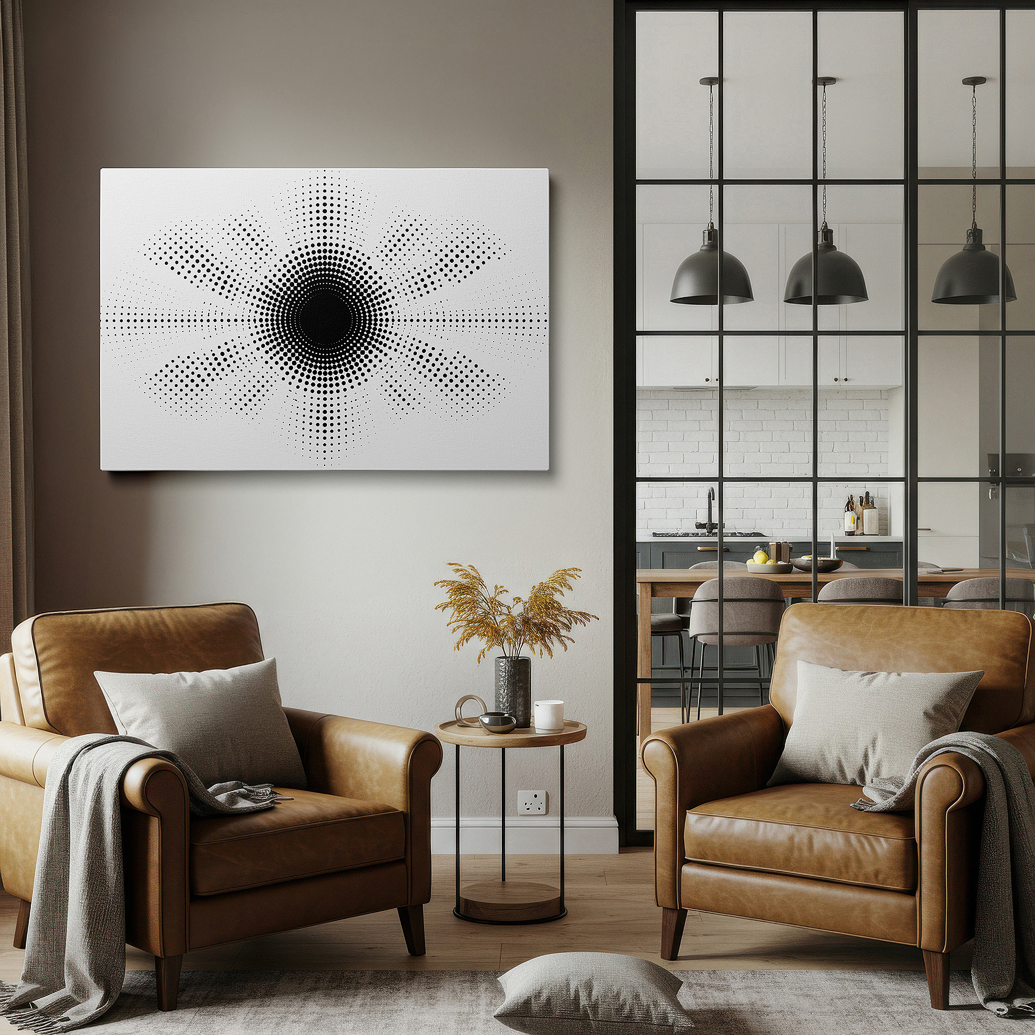 The 75×50 cm version anchors medium rooms without dominating them — sophisticated black and white dot abstract large wall art, creating depth and movement, perfect for office or bedroom decor