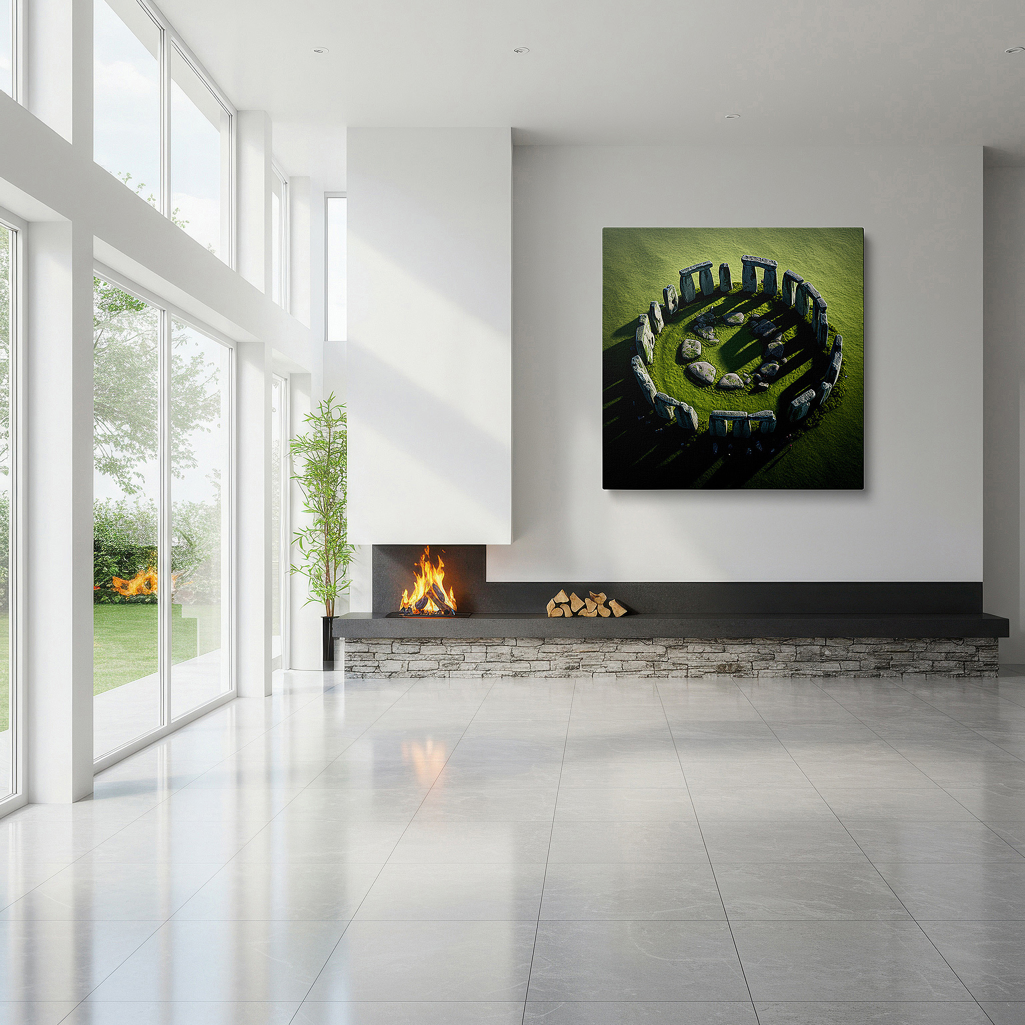 The 75×50 cm version anchors medium rooms without dominating them — stonehenge aerial majesty large canvas wall art for office and bedroom decor, set in lush english countryside