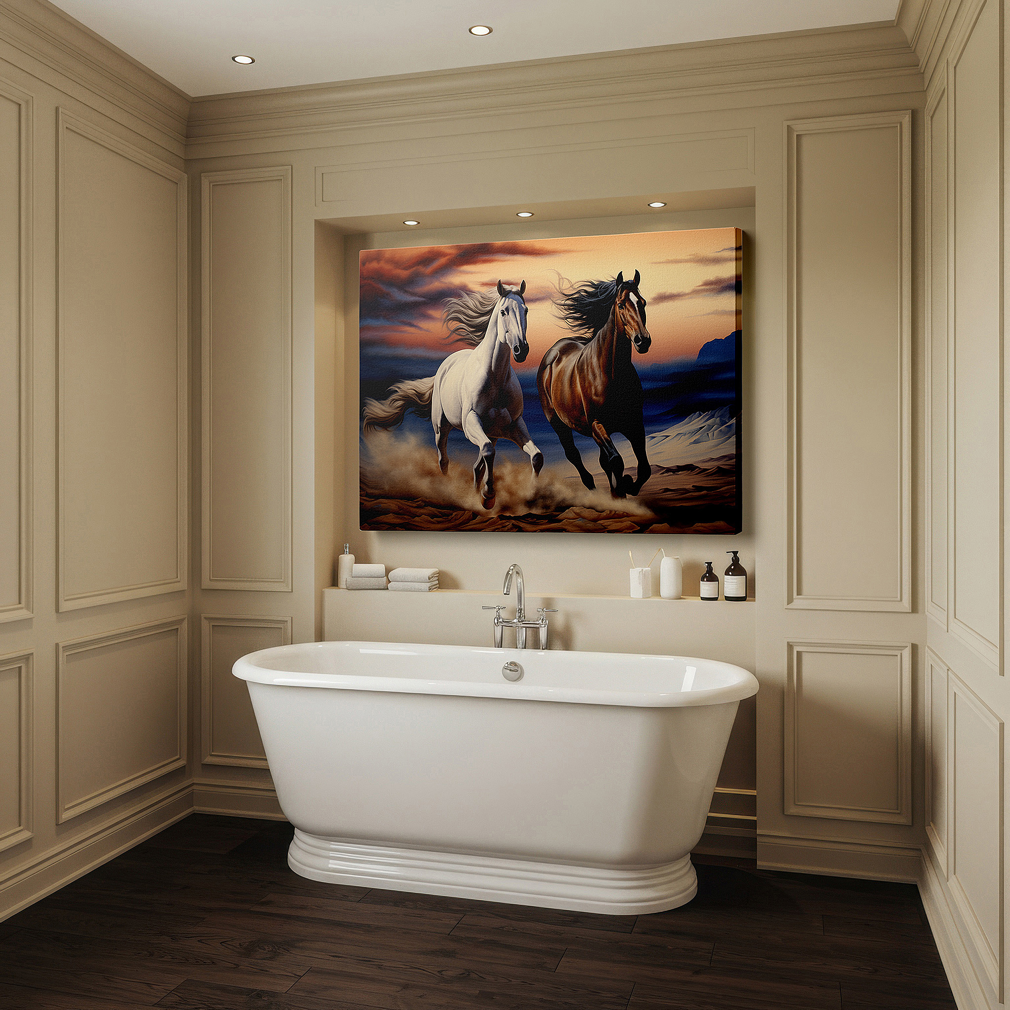 The 75×50 cm version anchors medium rooms without dominating them — stunning large wall art of horses galloping in a desert at sunset, symbolizing freedom and the beauty of nature, perfect for office wall decor