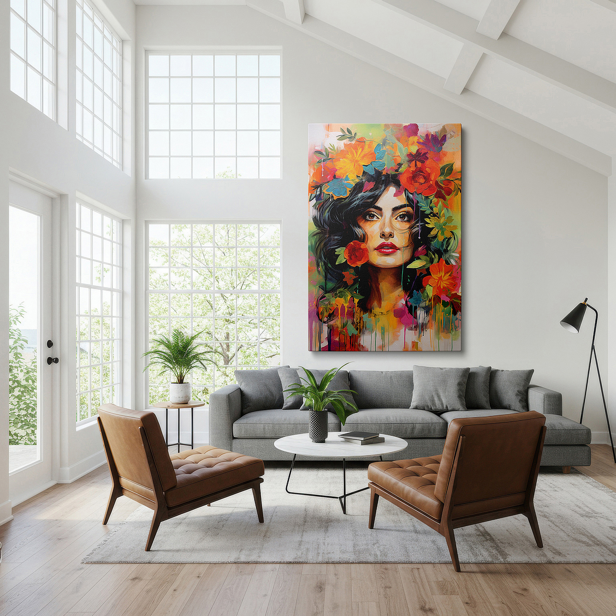 The 75×50 cm version anchors medium rooms without dominating them — stunning wall art featuring a woman with a colorful floral crown, a blend of vibrant colors and emotions, available as large canvas wall art