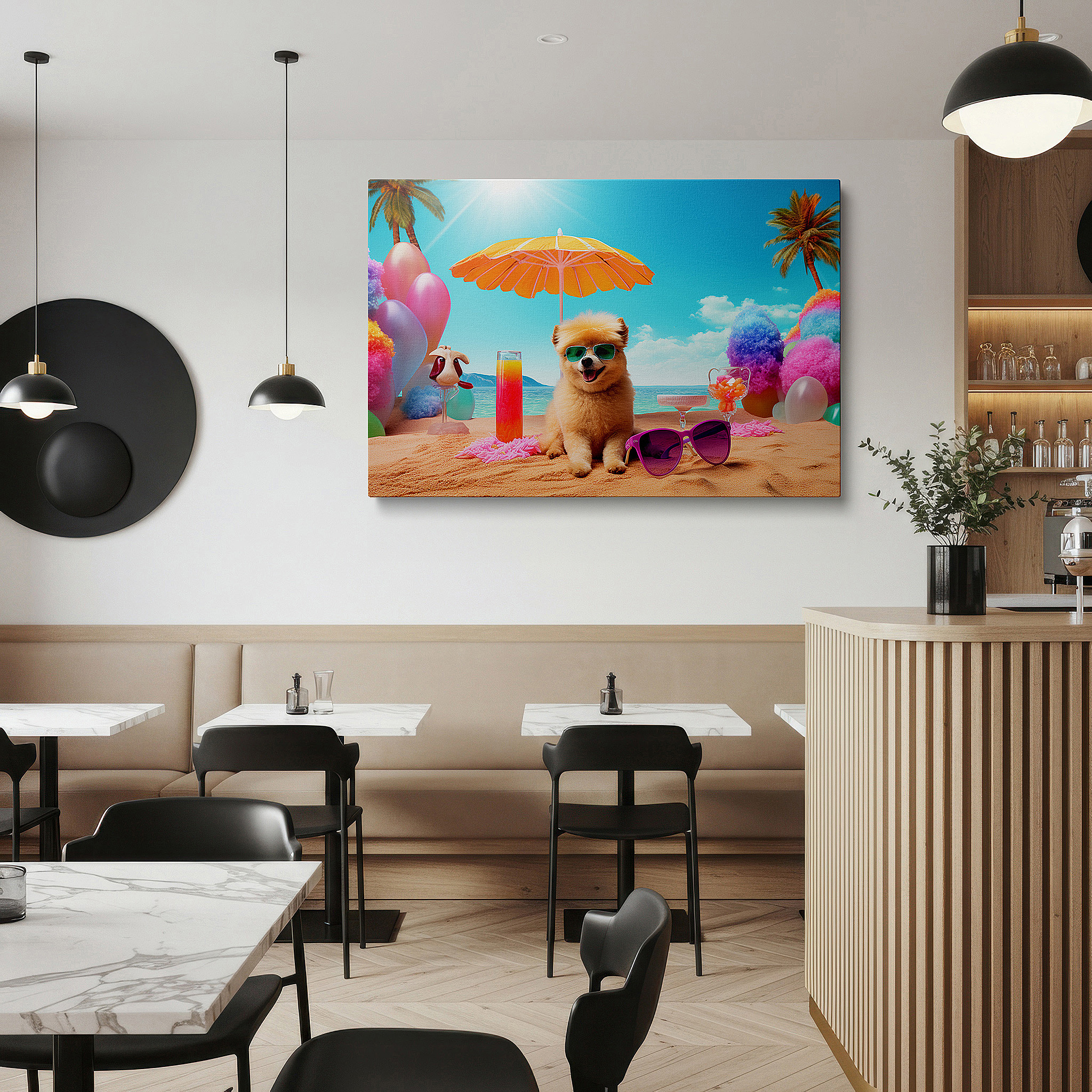 The 75×50 cm version anchors medium rooms without dominating them — summer bliss: stylish pomeranian on a tropical beach - large canvas wall art for office and bedroom decor