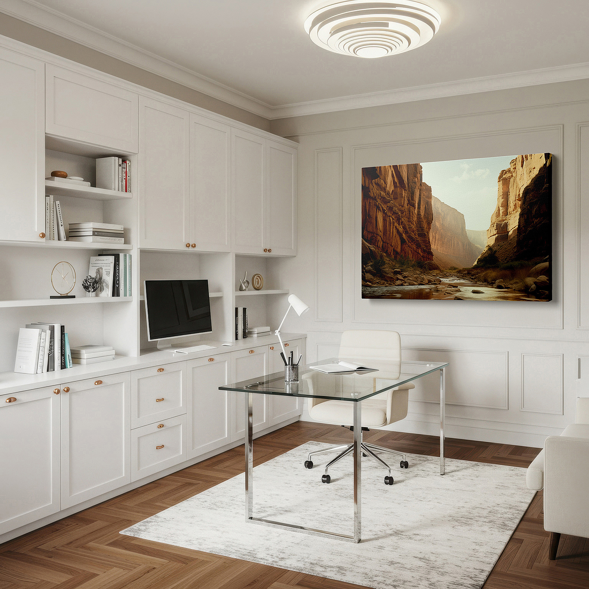 The 75×50 cm version anchors medium rooms without dominating them — sunlit sandstone canyon with meandering river large canvas wall art for office and bedroom decor