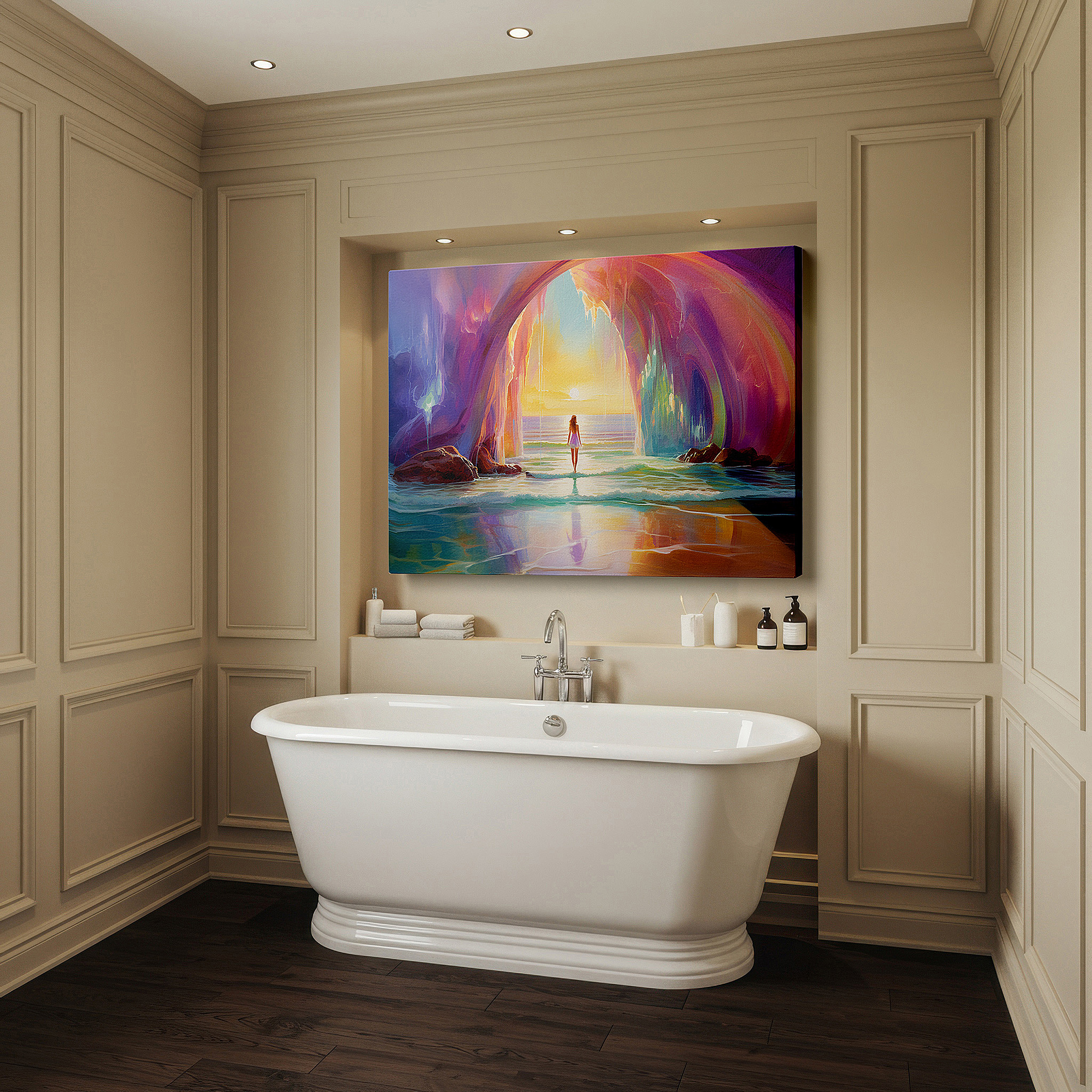 The 75×50 cm version anchors medium rooms without dominating them — sunset archway gateway to serenity, tranquil ocean hues large canvas wall art for office and bedroom decor