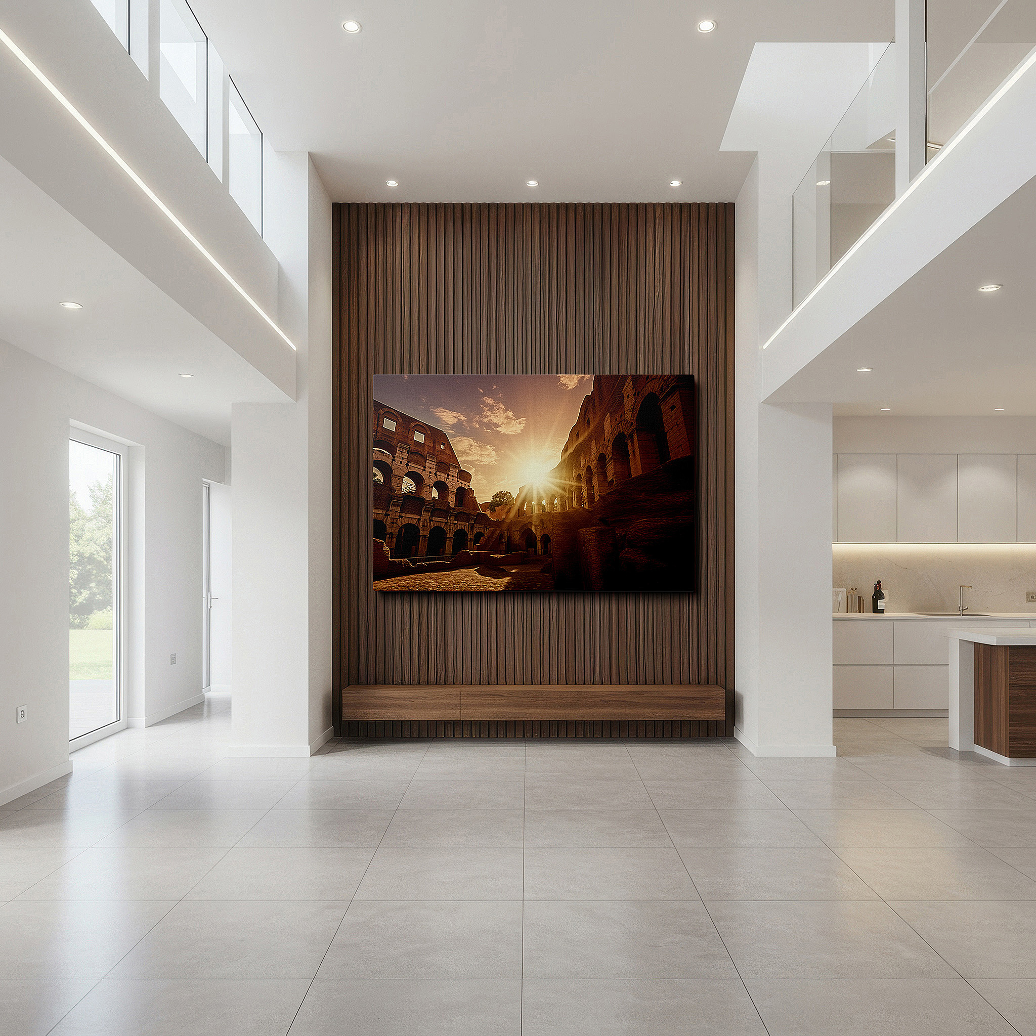 The 75×50 cm version anchors medium rooms without dominating them — sunset at the roman colosseum - majestic historical warmth large wall art, canvas, decor for office and bedroom