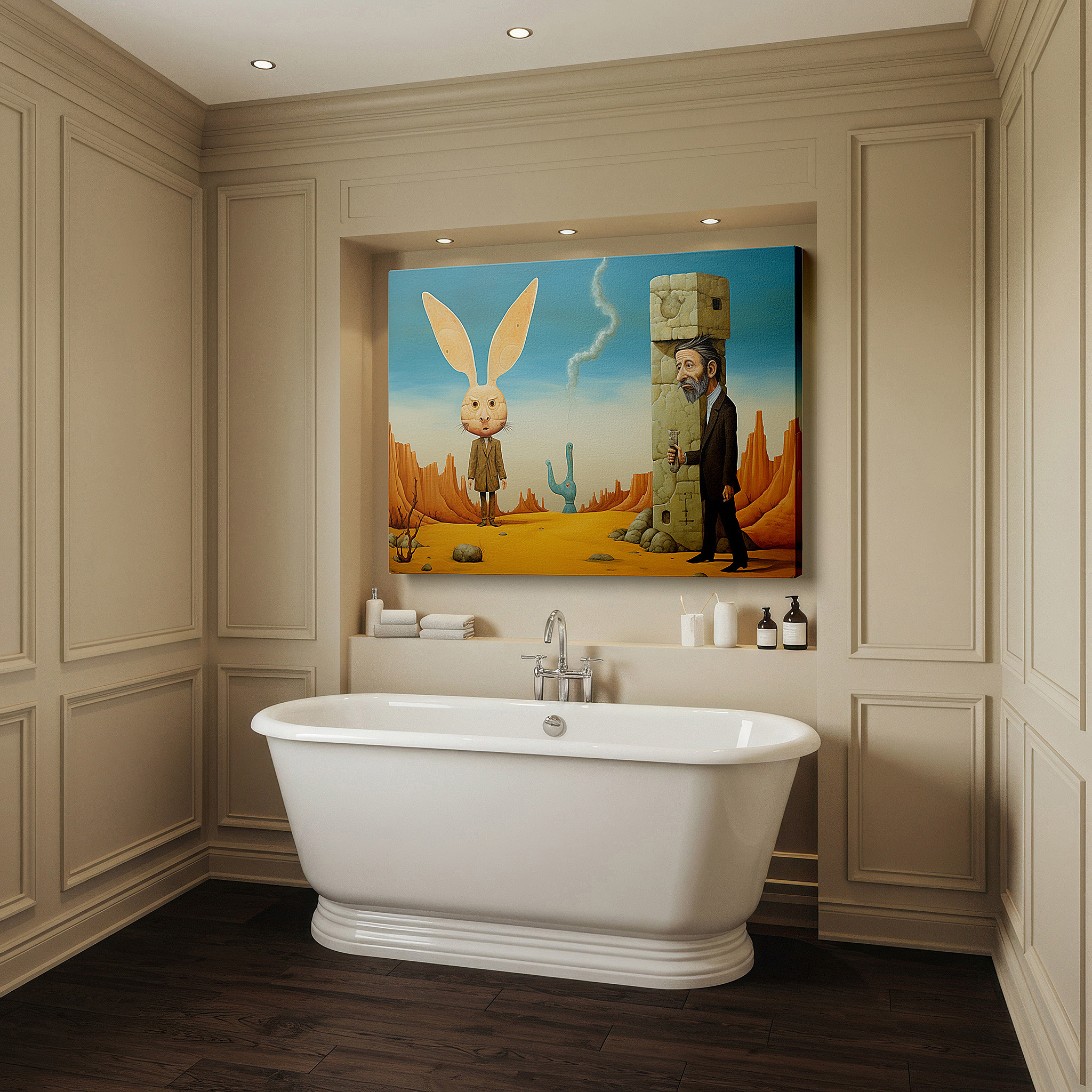 The 75×50 cm version anchors medium rooms without dominating them — surreal desert scene featuring human-like rabbits and people, large canvas wall art for home and office decor
