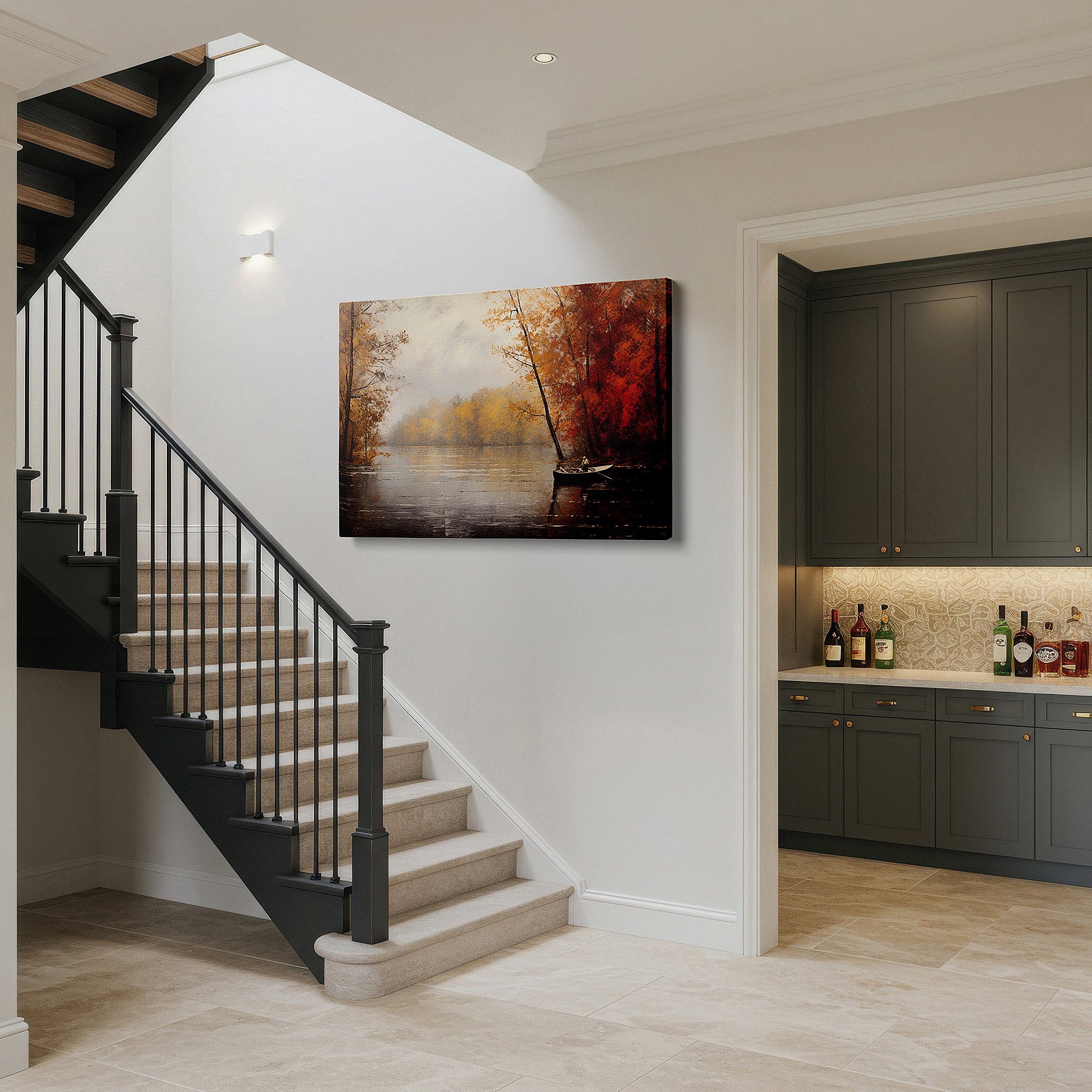 The 75×50 cm version anchors medium rooms without dominating them — tranquil autumn lake wall art: reflective waters and fiery foliage - large canvas for home and office decor, perfect for living rooms and bedrooms
