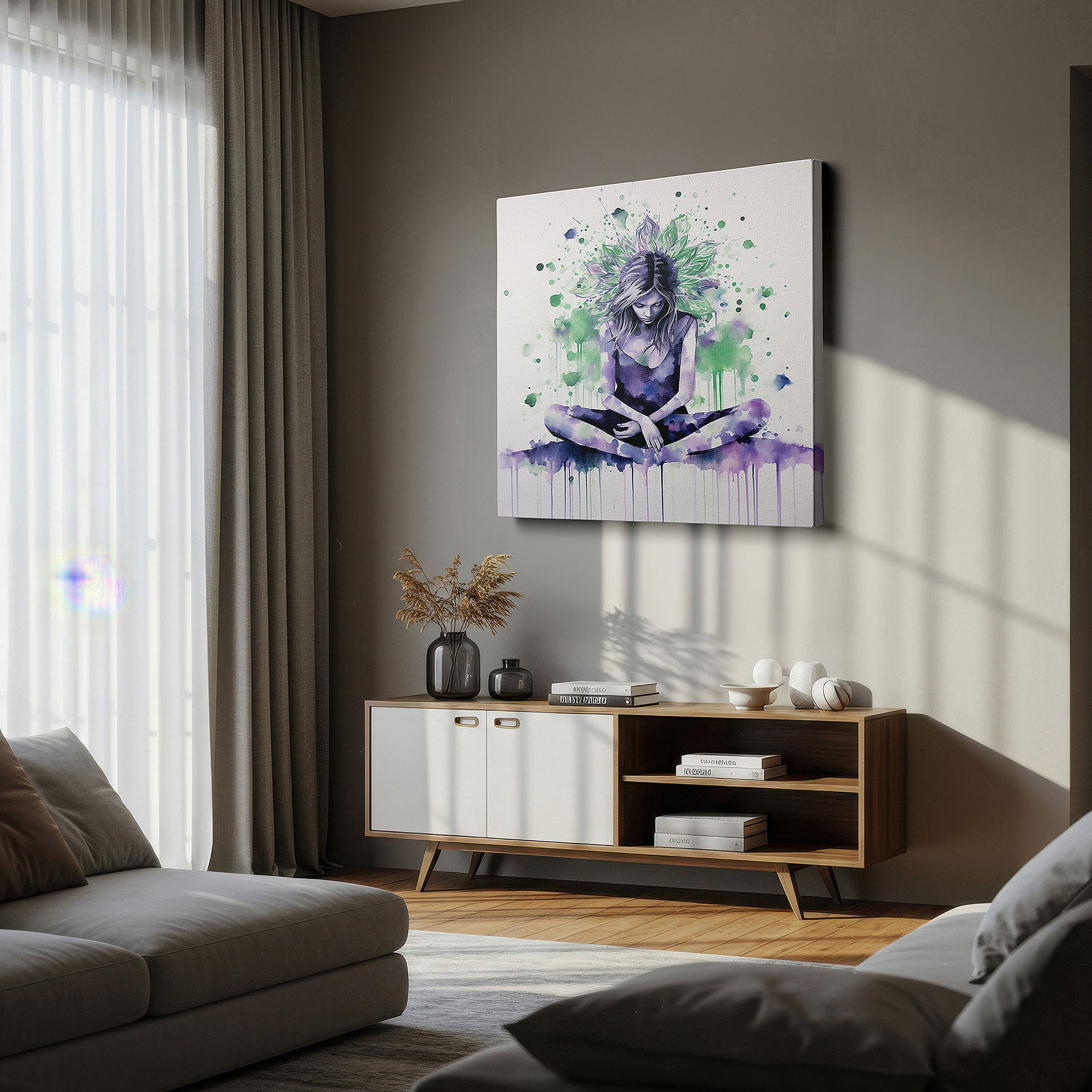 The 75×50 cm version anchors medium rooms without dominating them — tranquil chaos: vivid watercolor meditation - large canvas wall art for office, bedroom, and living room decor