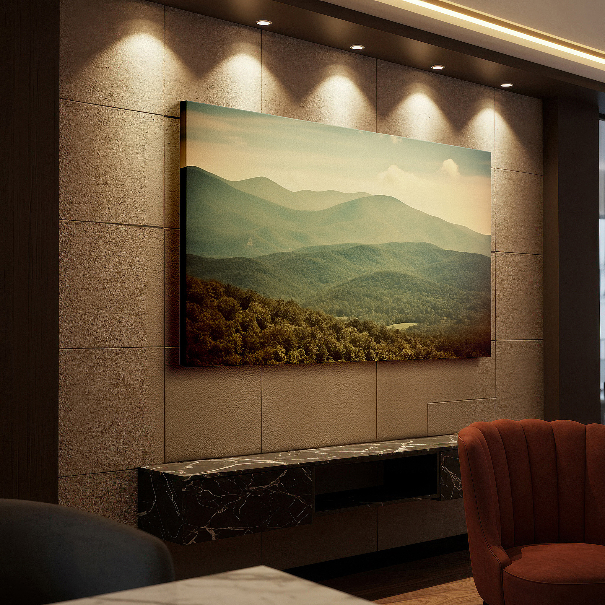 The 75×50 cm version anchors medium rooms without dominating them — tranquil landscape with rolling mountains under a soft, muted sky, large canvas wall art, peaceful natural beauty wall decor