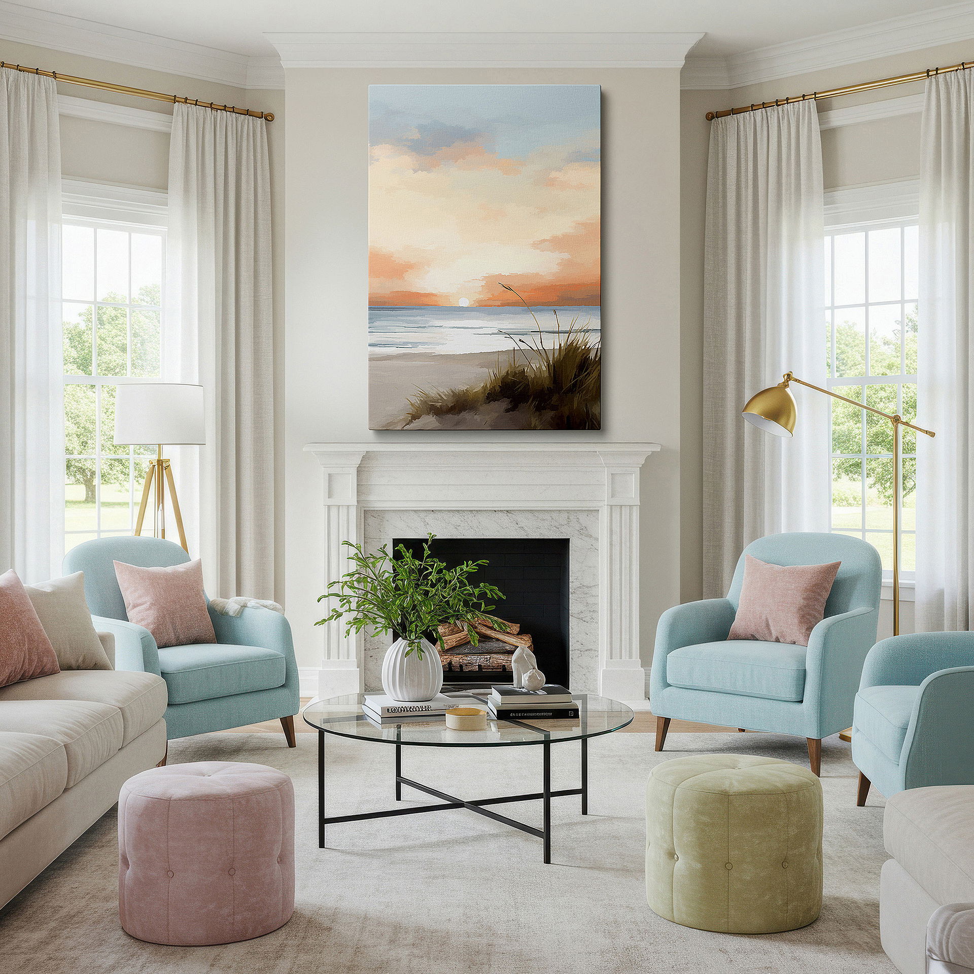 The 75×50 cm version anchors medium rooms without dominating them — tranquil sunset at a secluded beach wall art: vibrant colors for a serene escape - large canvas art for home and office decor