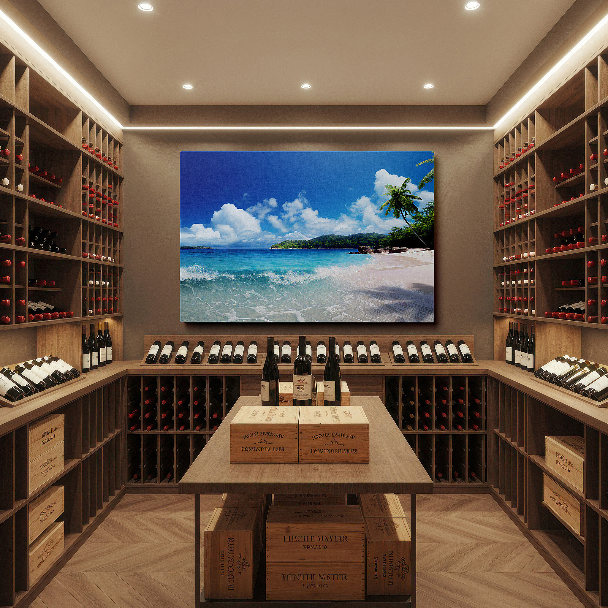 The 75×50 cm version anchors medium rooms without dominating them — tropical serenity: large wall art featuring turquoise waters and white sands for office and bedroom decor
