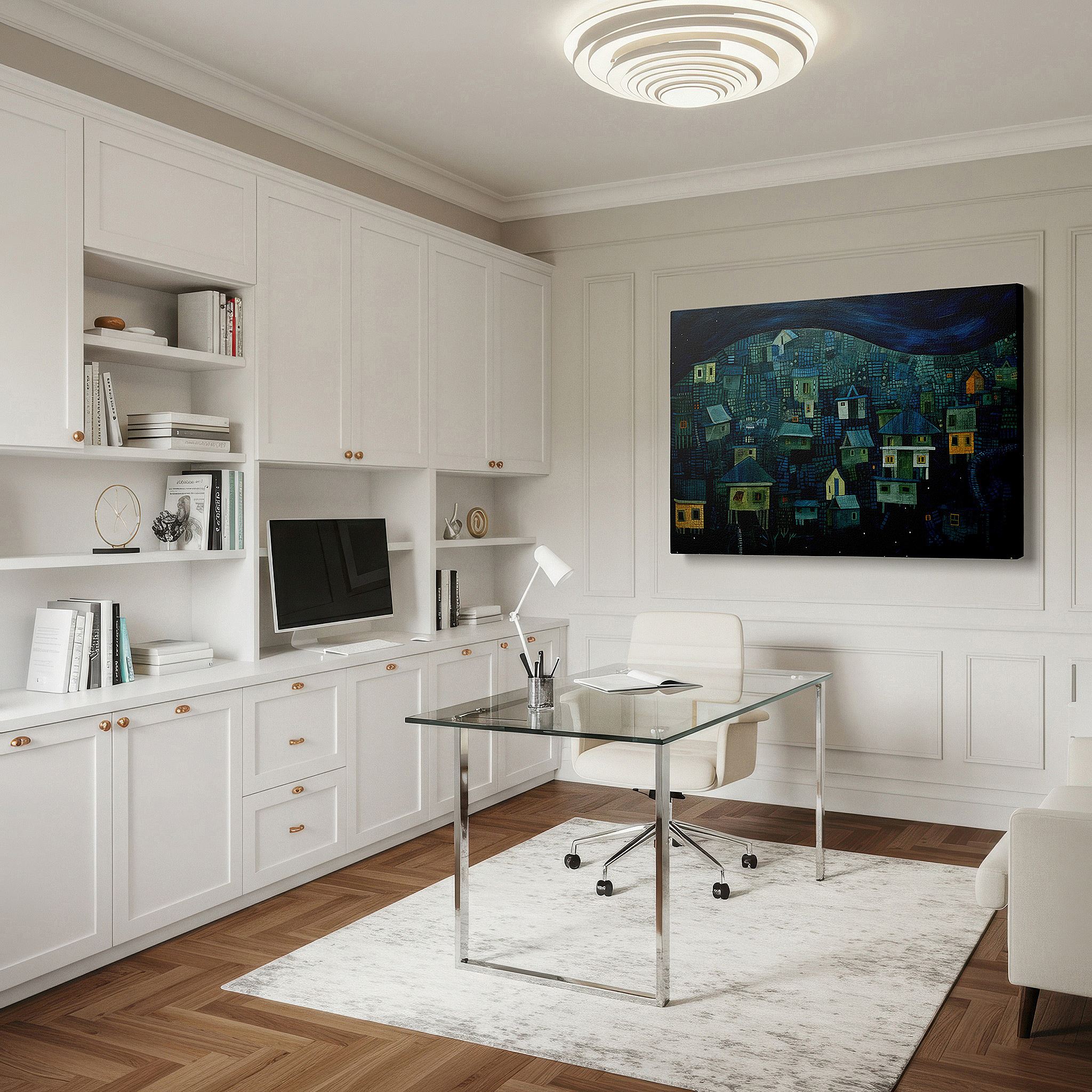 The 75×50 cm version anchors medium rooms without dominating them — twilight glow over enchanted village - serene nightscape with vibrant houses and starry skies, large canvas wall art for home and office decor