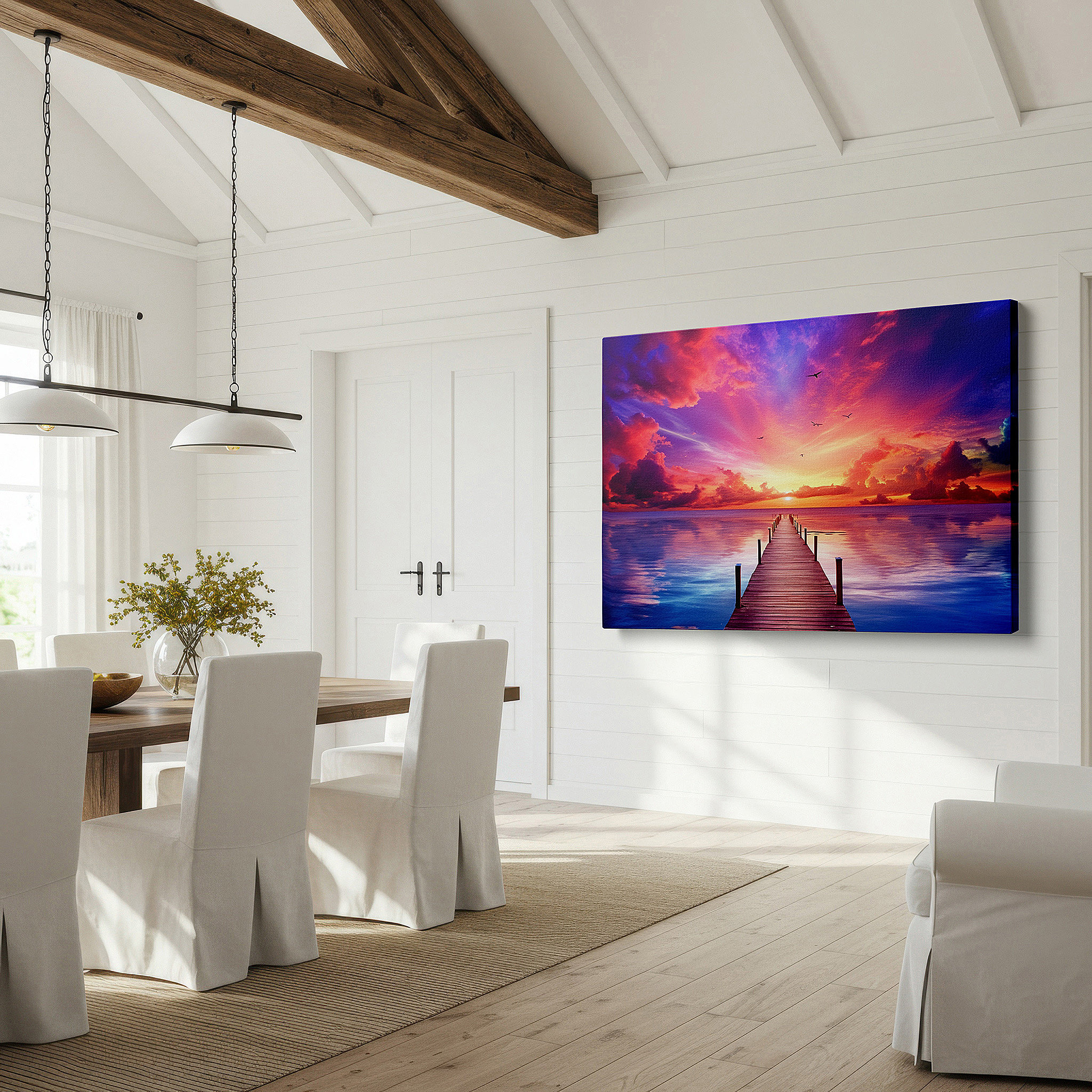 The 75×50 cm version anchors medium rooms without dominating them — twilight serenity at the wooden pier: tranquil sea and sky large canvas wall art for office and bedroom decor