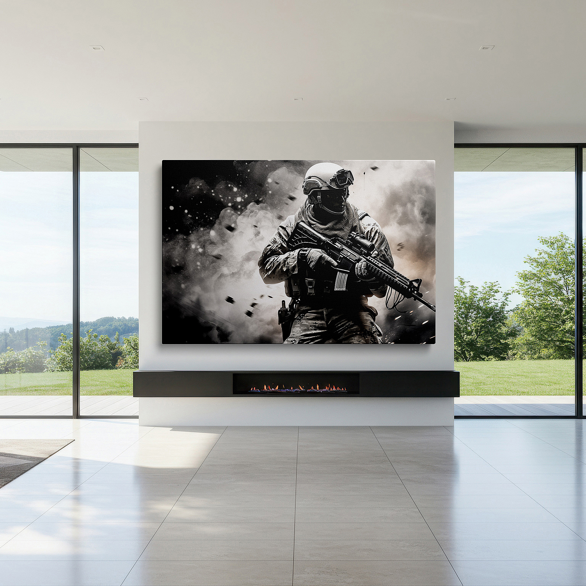 The 75×50 cm version anchors medium rooms without dominating them — valor soldier in intense conflict, emblem of power and preparedness, large canvas wall art for office and bedroom decor