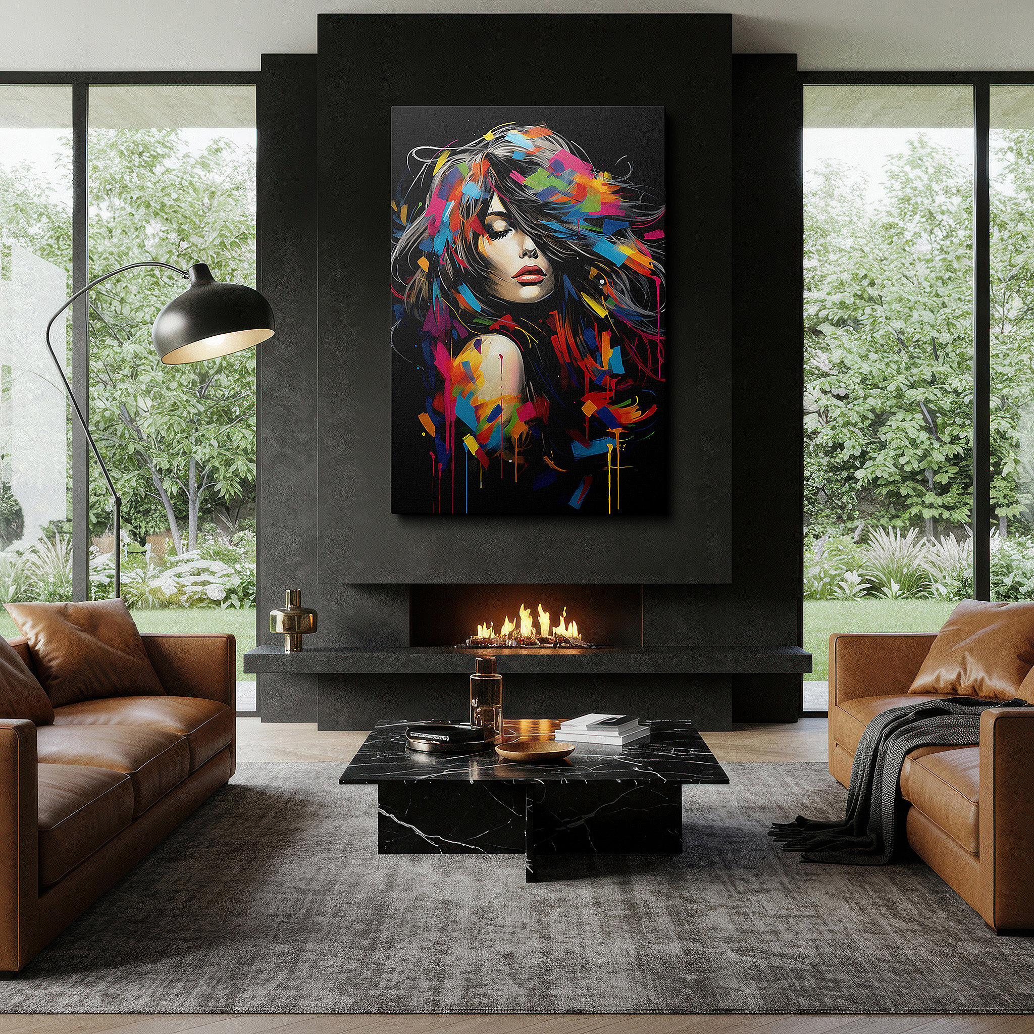 The 75×50 cm version anchors medium rooms without dominating them — vibrant abstract female essence: emotion and creativity dance large canvas wall art for office and bedroom decor