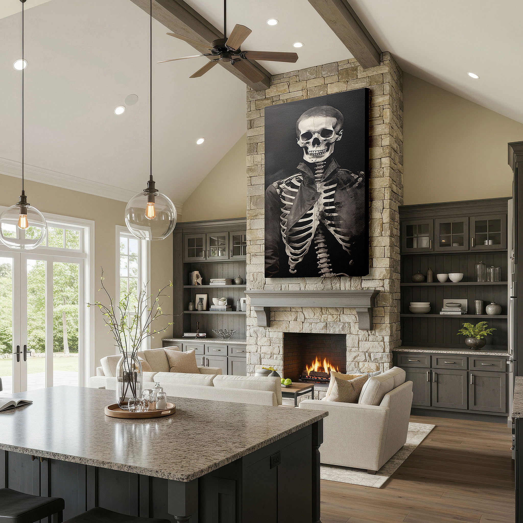 The 75×50 cm version anchors medium rooms without dominating them — wall art: 19th-century skeleton in historical attire - large canvas for home and office decor, ideal for living rooms and bedrooms