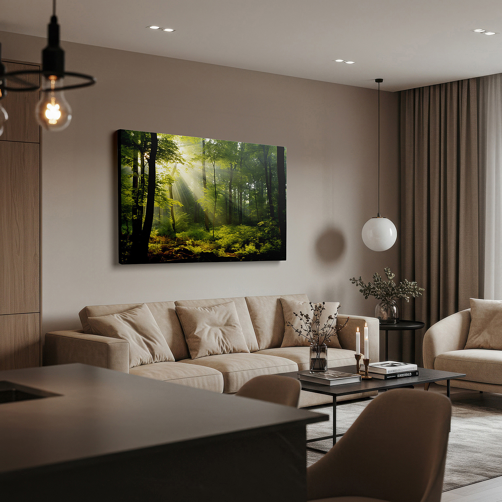 The 75×50 cm version anchors medium rooms without dominating them — wall art: enchanted forest daylight canopy - sunlight dancing through lush greens, tranquil woodland escape - large canvas wall art for office decor
