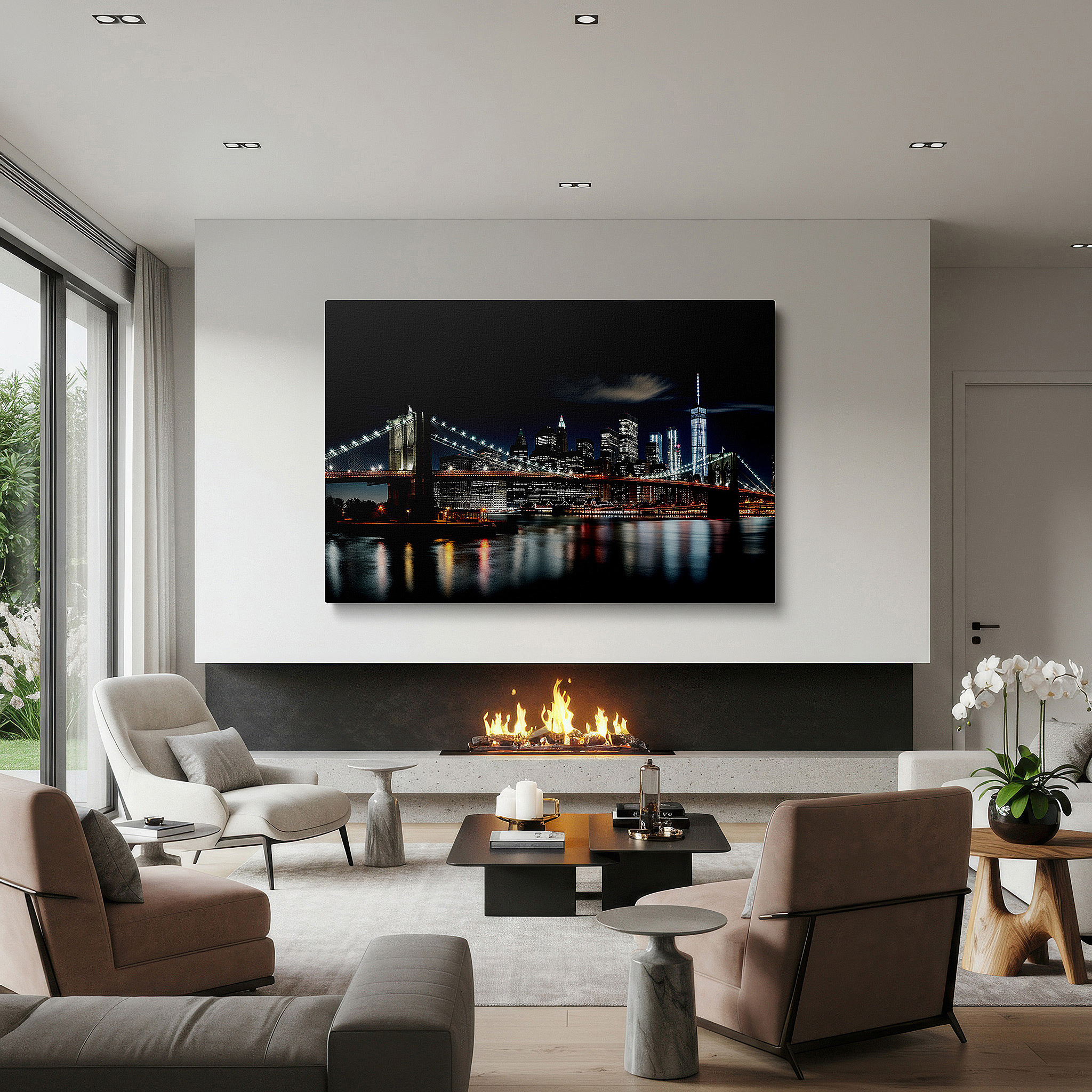 The 75×50 cm version anchors medium rooms without dominating them — wall art: enchanting nighttime view of brooklyn bridge and new york city skyline - urban tapestry, large canvas wall art for home and office decor