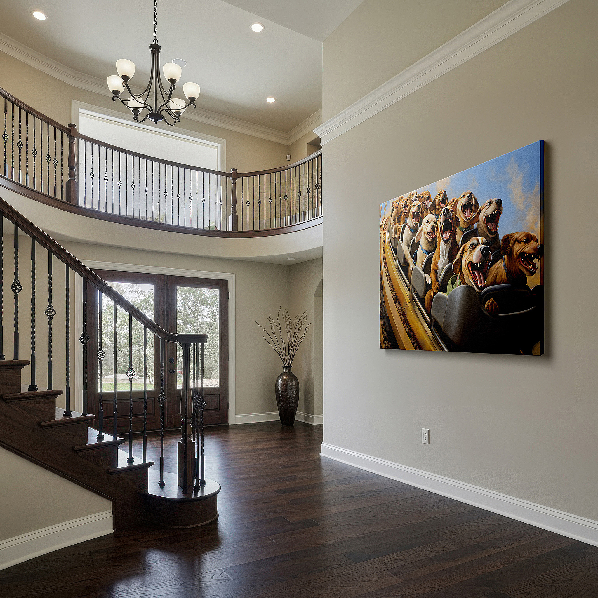 The 75×50 cm version anchors medium rooms without dominating them — wall art: joyful dogs on a roller coaster - celebrating friendship and happiness, large canvas wall art for home and office decor