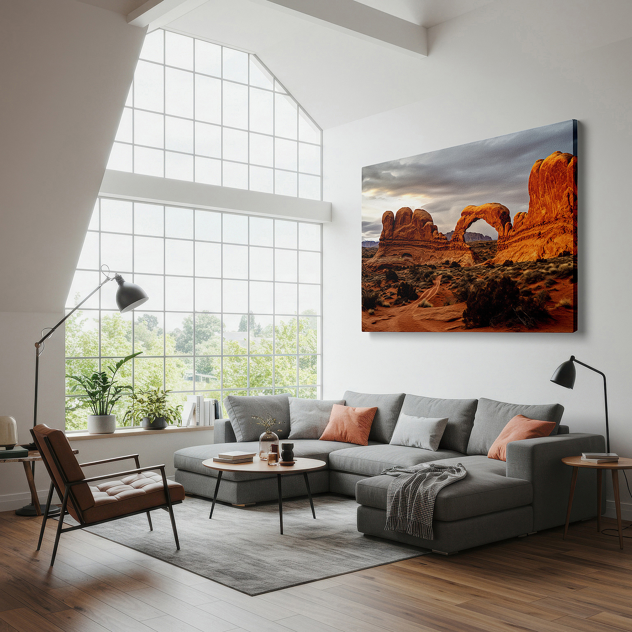 The 75×50 cm version anchors medium rooms without dominating them — wall art: majestic arches national park - timeless nature and dramatic skies. large canvas wall art for office and bedroom decor.