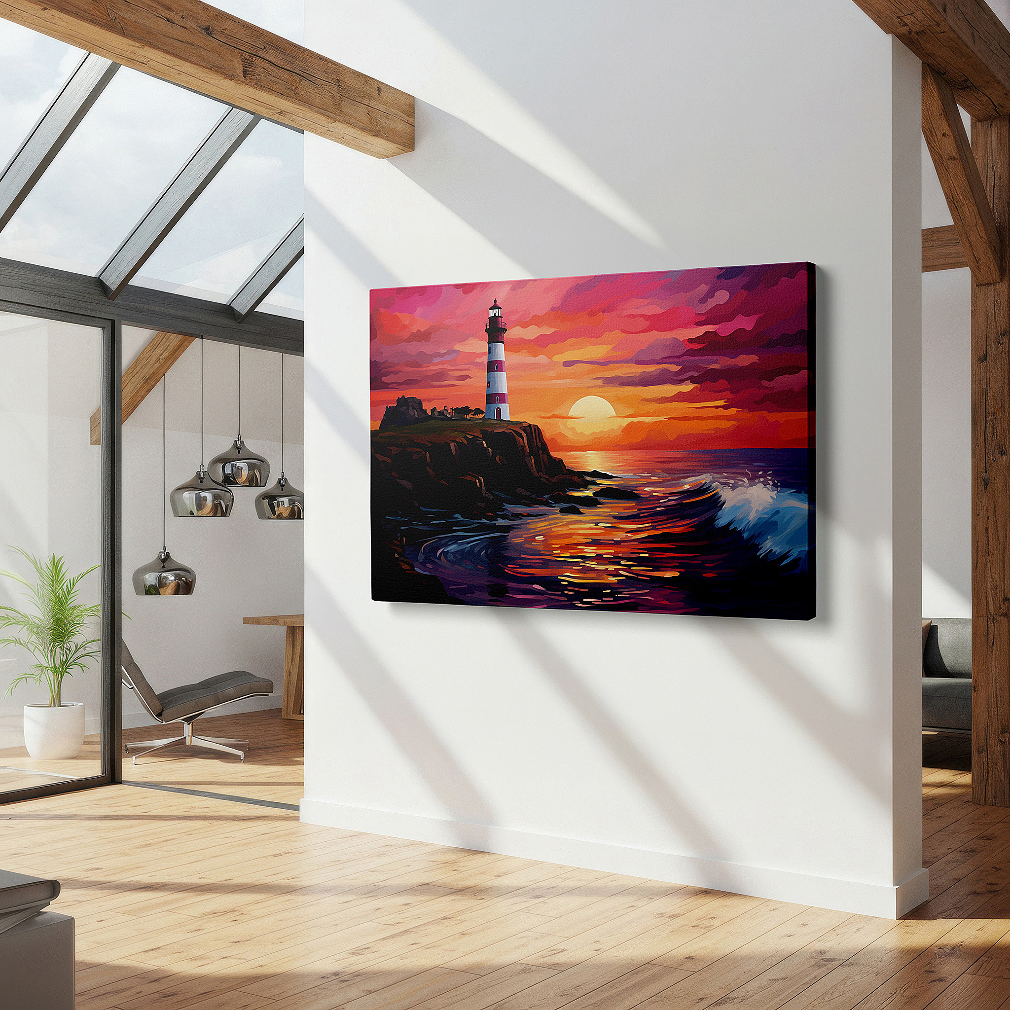 The 75×50 cm version anchors medium rooms without dominating them — wall art: majestic lighthouse at sunset - a beacon of hope against a vibrant sky. large canvas wall art for office and bedroom decor.