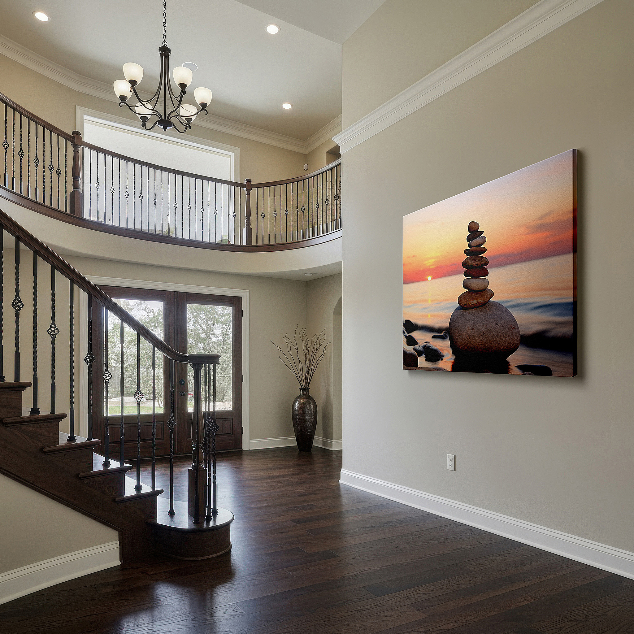 The 75×50 cm version anchors medium rooms without dominating them — wall art: serene beach stones at dusk - perfectly balanced and peaceful large canvas art for home and office decor