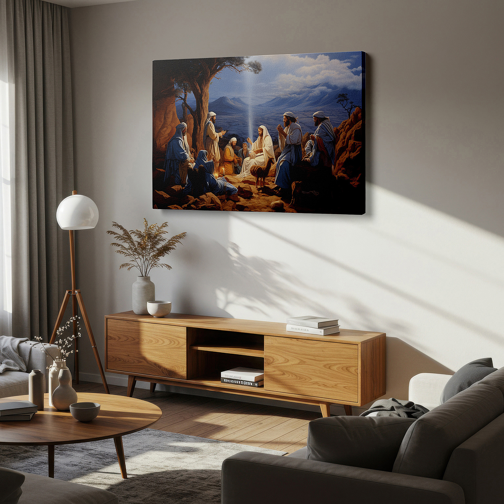 The 75×50 cm version anchors medium rooms without dominating them — wall art: serene gathering around a wise figure, capturing a moment of spiritual awakening and collective harmony - large canvas wall art decor