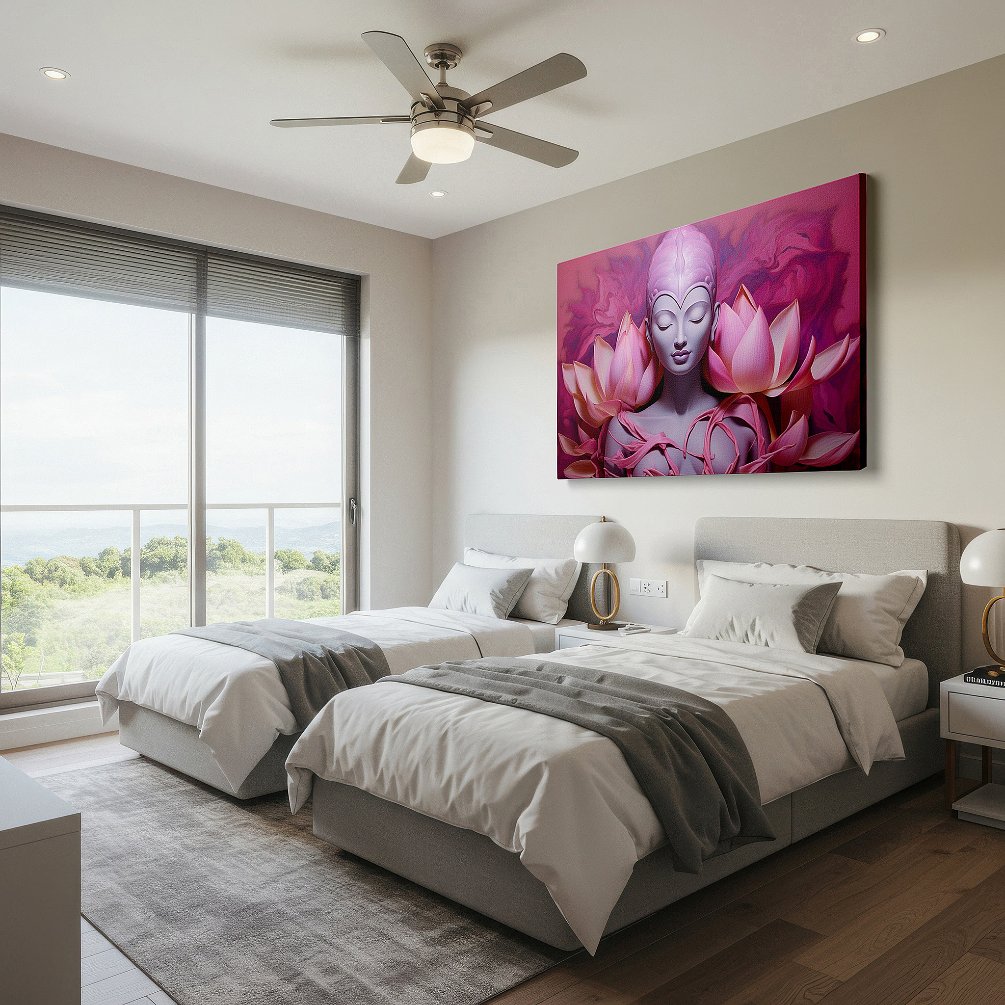 The 75×50 cm version anchors medium rooms without dominating them — wall art: serene meditative figure surrounded by vibrant lotus petals, representing purity and spiritual enlightenment - large canvas wall art for office decor