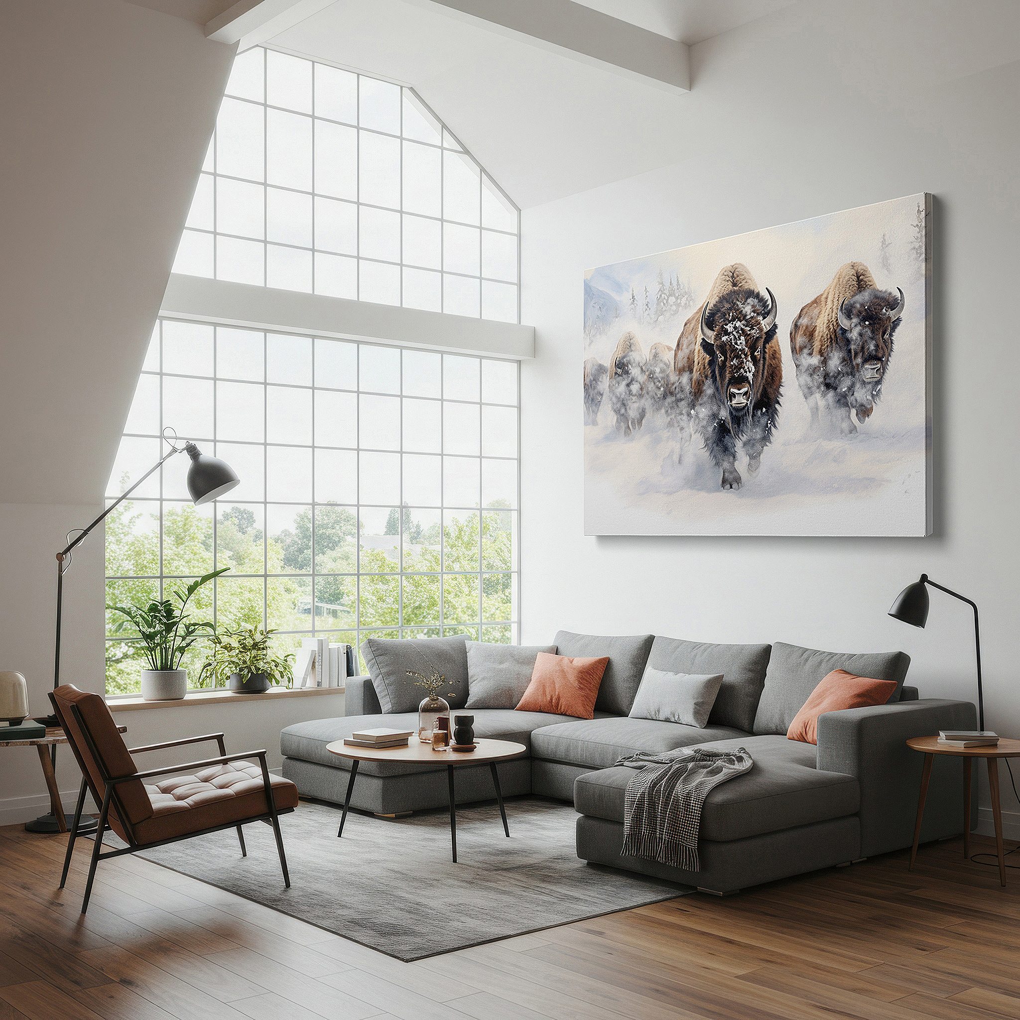 The 75×50 cm version anchors medium rooms without dominating them — wall art: serene and mighty bison in a snowy landscape - a peaceful yet commanding nature scene for large wall art, canvas wall art, wall art decor, office wall art, bedroom wall