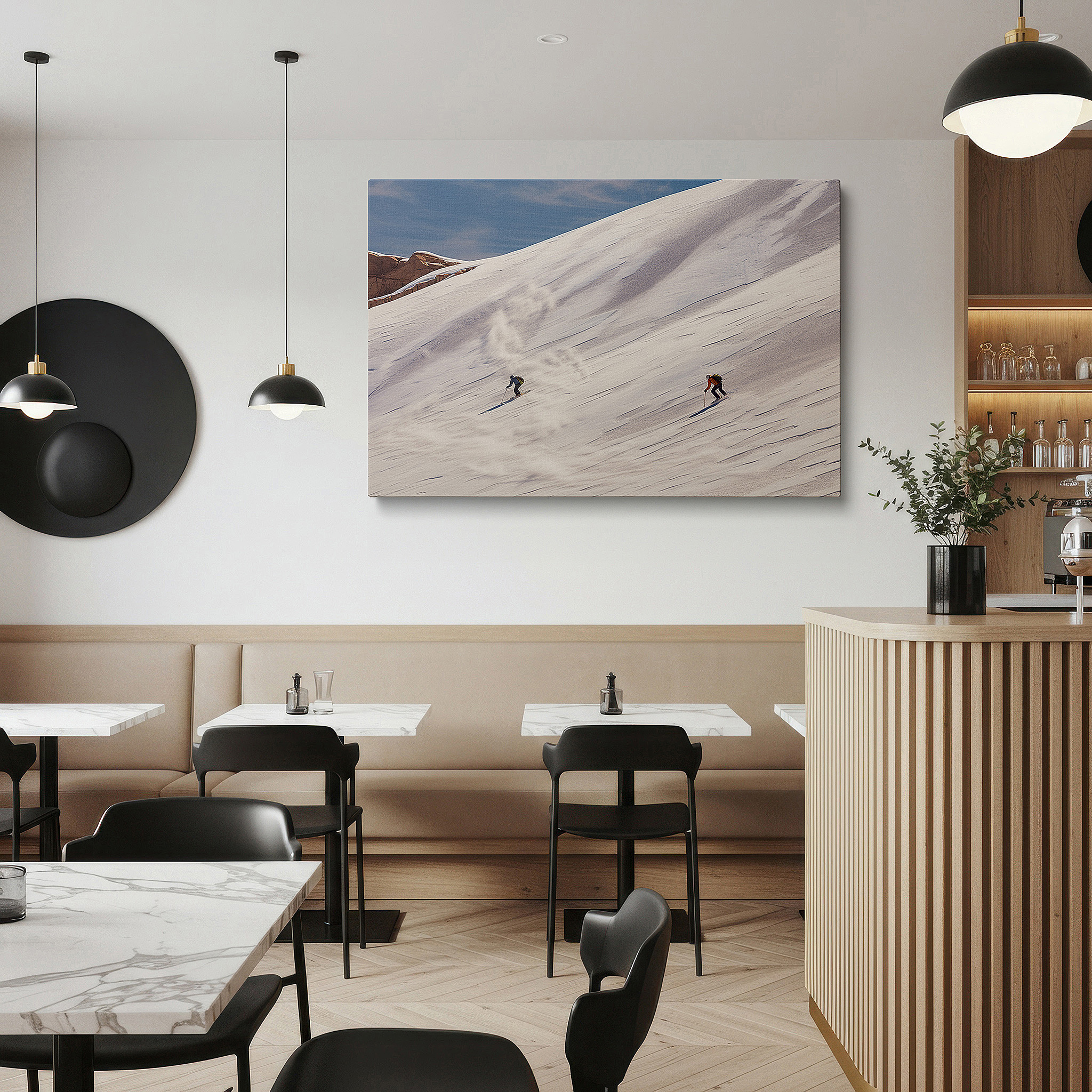 The 75×50 cm version anchors medium rooms without dominating them — wall art: skiers gliding on snow-covered slopes beneath a bright blue sky, a vibrant tribute to winter sports and the splendor of nature, large canvas wall art